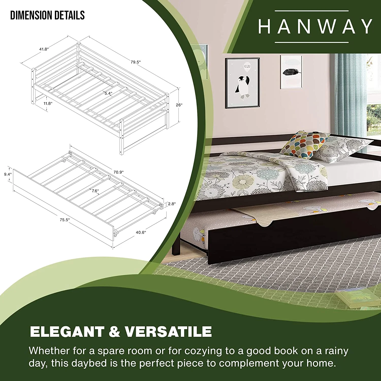 Solid Pine Wood Frame Twin Daybed with Pull Out Trundle  Twin Size Trundle Daybed/Twin Daybed Frame Wood  No Box Spring Needed  Easy Assembly (White)
