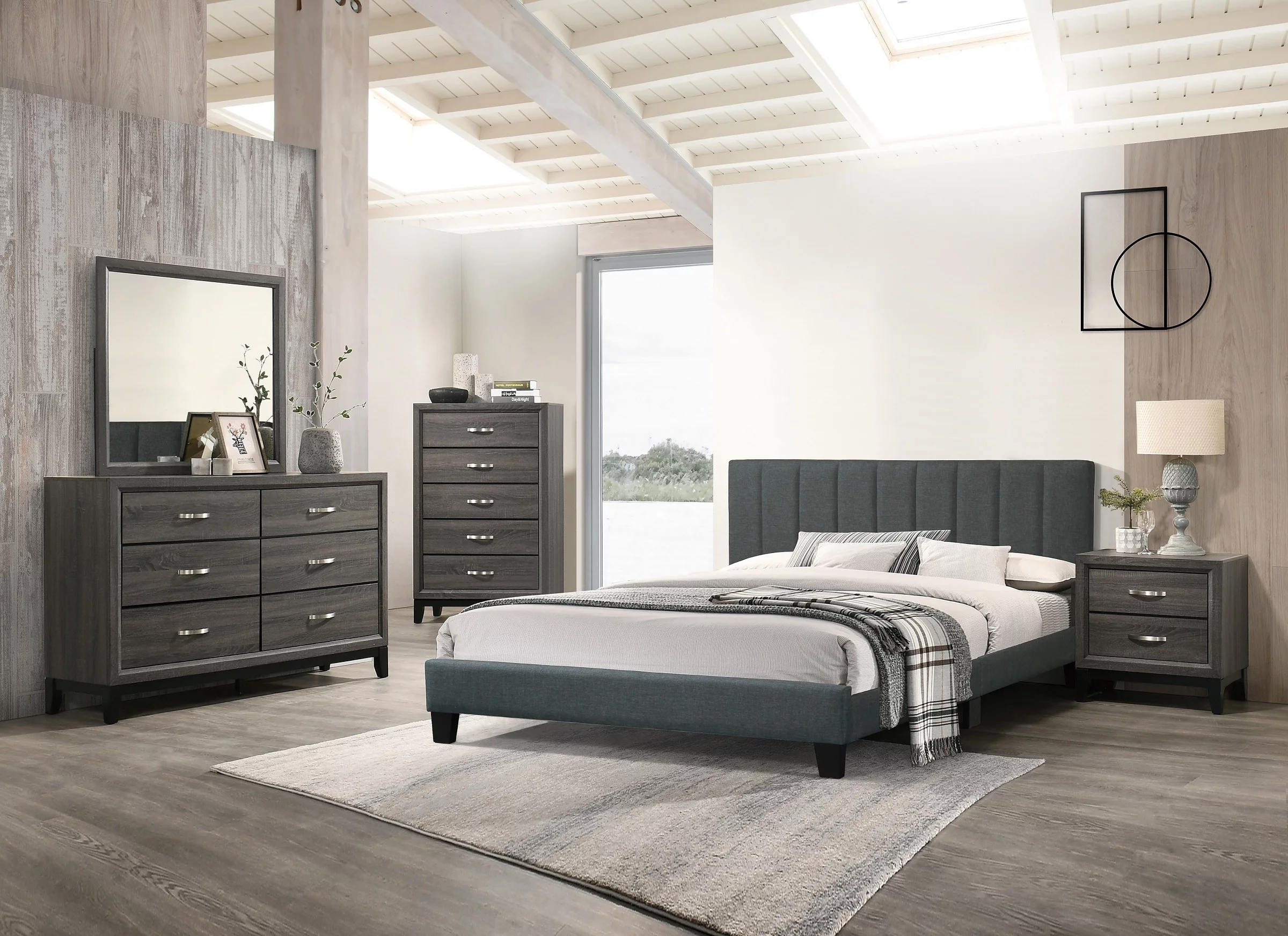 Modern Simple Bedroom Furniture 4pc Set Charcoal Full Size Bed Dresser Mirror Nightstand Plywood Extended Drawers Dresser