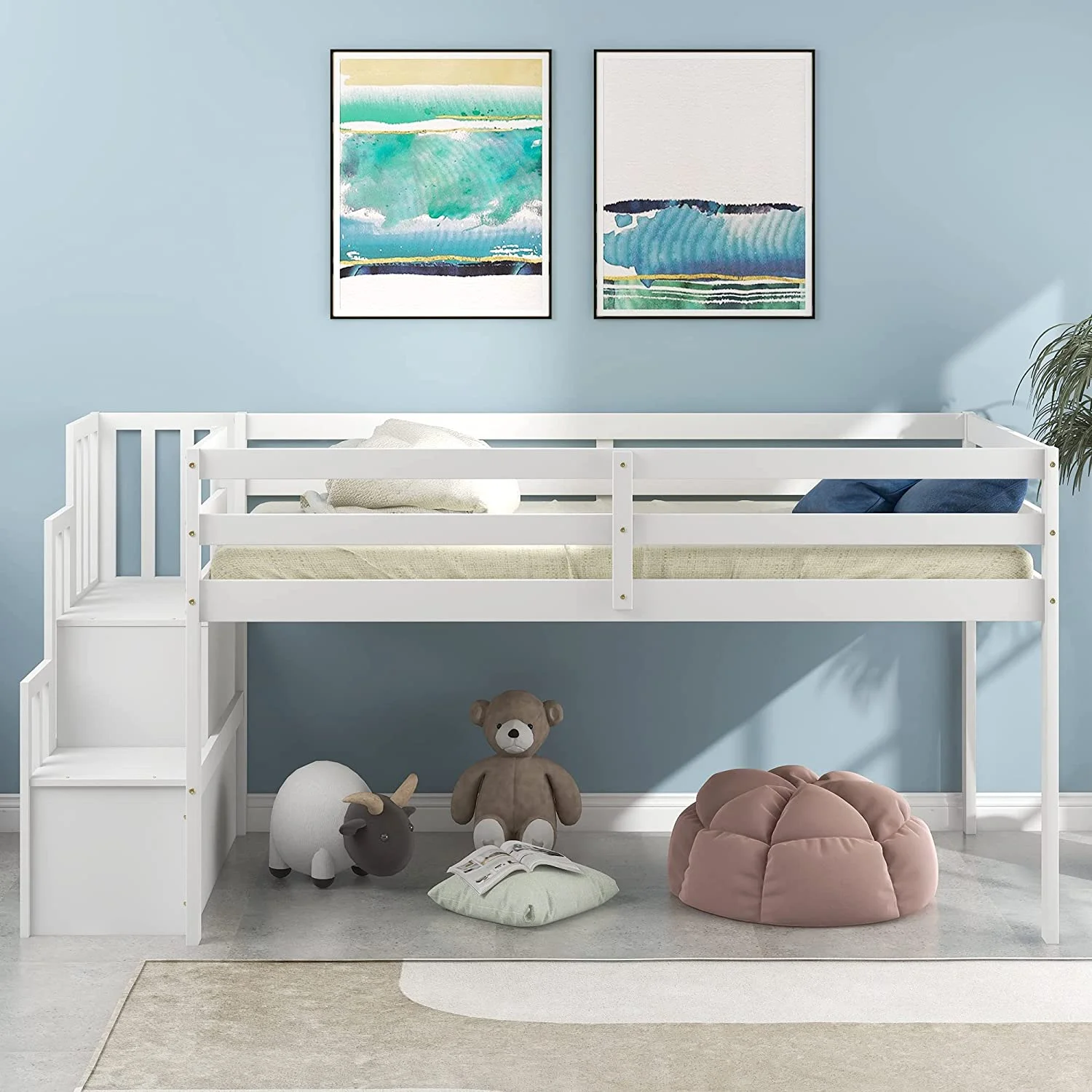 Size Loft Bed With Staircase Solid Wood Low Loft Buk Bed Classic Childre Low Loft Bed With Storage Boys & Girls Bed For Kids Bedroom,White