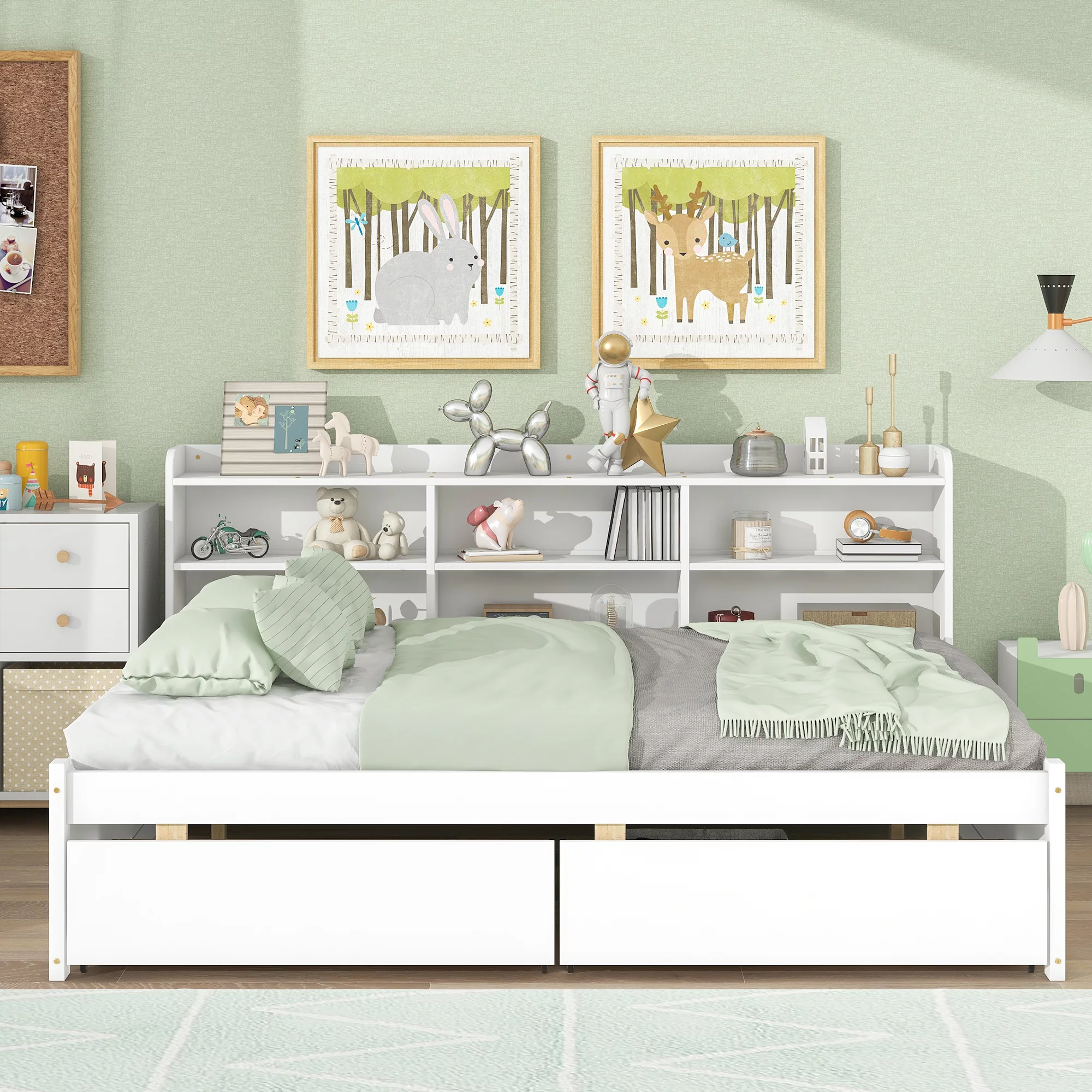 Pouseayar Full Size Platform Bed with Bookcase & Drawers for Kids Boys Girls, White