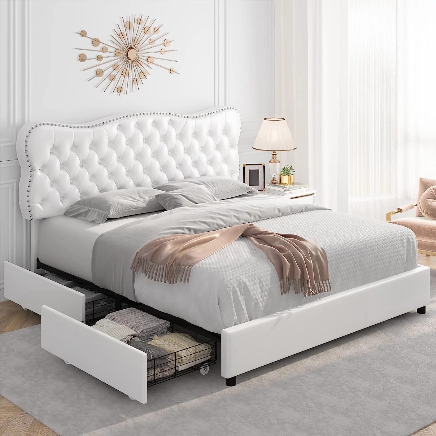 King Bed Frame with 4 Storage Drawers  Upholstered Platform Bed Frame with Button Tufted Headboard  Heavy Duty Mattress Foundation with Wooden Slats  No Box Spring Needed (White  King)
