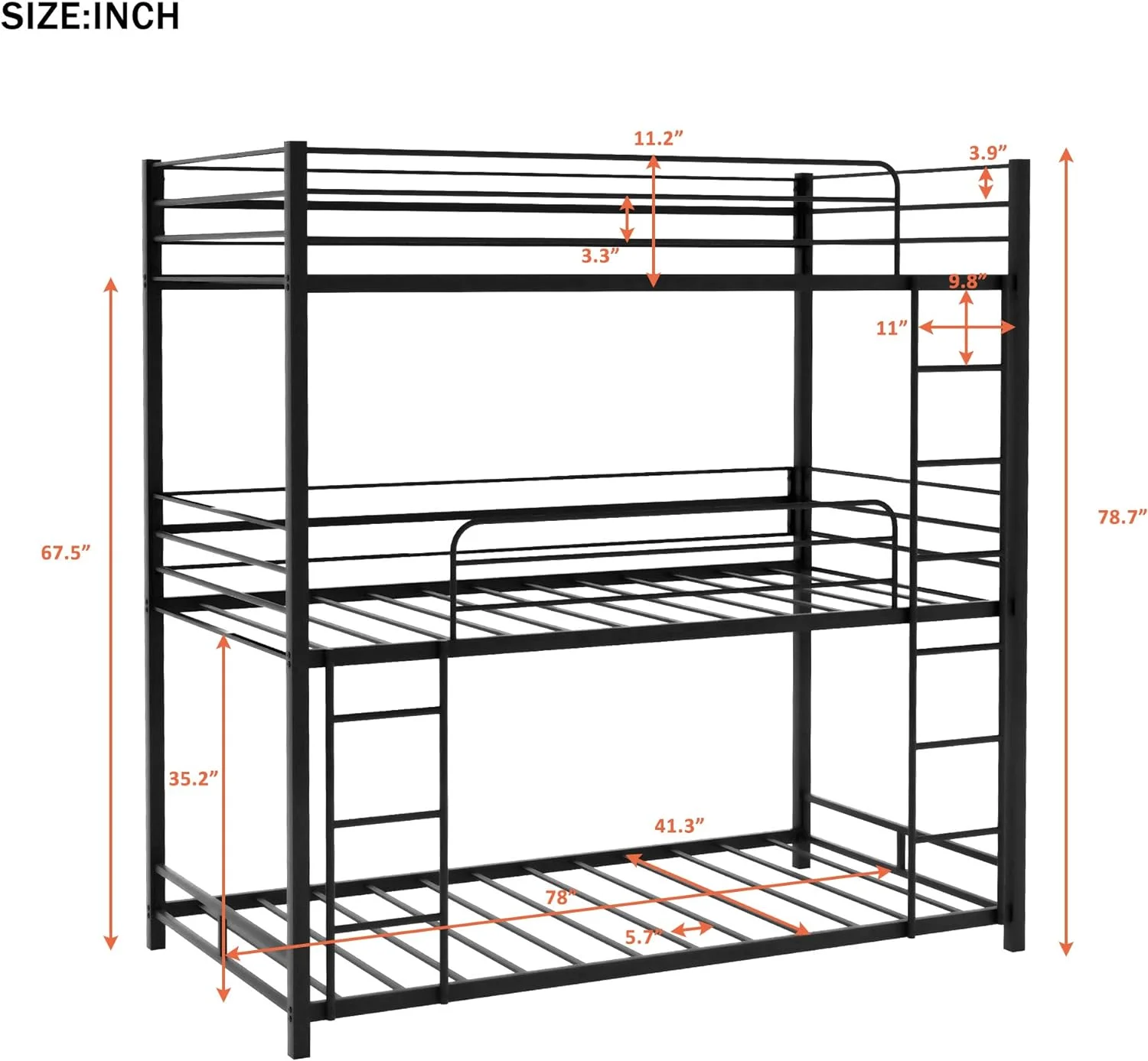 Triple Bed Metal -Over--Over- Bed Bunk Bed With 3 Ladders, Bunk Bed For Family, Teens,No Box Spring Needed