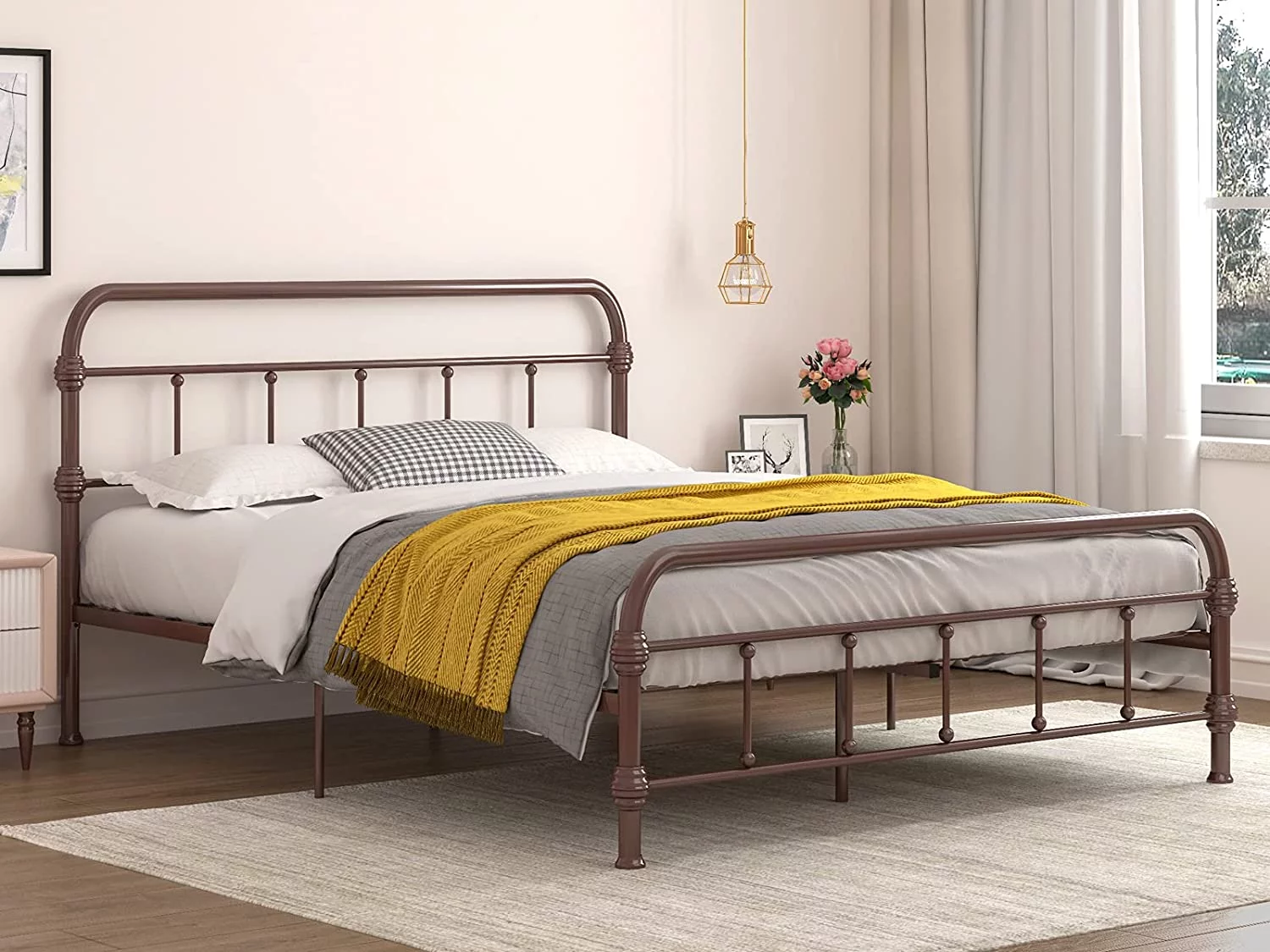 Bed Queen Size Platform Metal Frame, with Vintage Headboard and Footboard, Antique Bronze Brown Baking Paint,,Queen,Bronze …