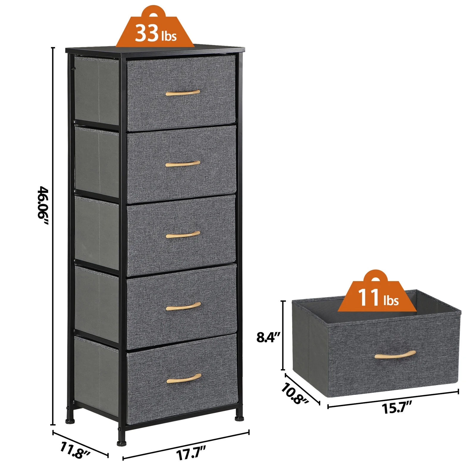 Drawers Dresser Storage Tower Unit with Fabric Bins for Entryway Hallway Grey 5