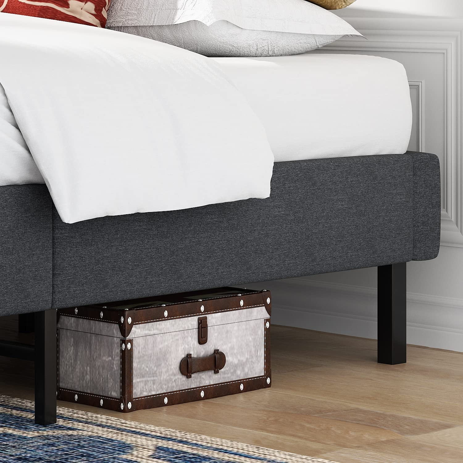 Allewie King Size Upholstered Platform Bed Frame, 24 Wooden Slats Support, No Box Spring Needed, Dark Grey