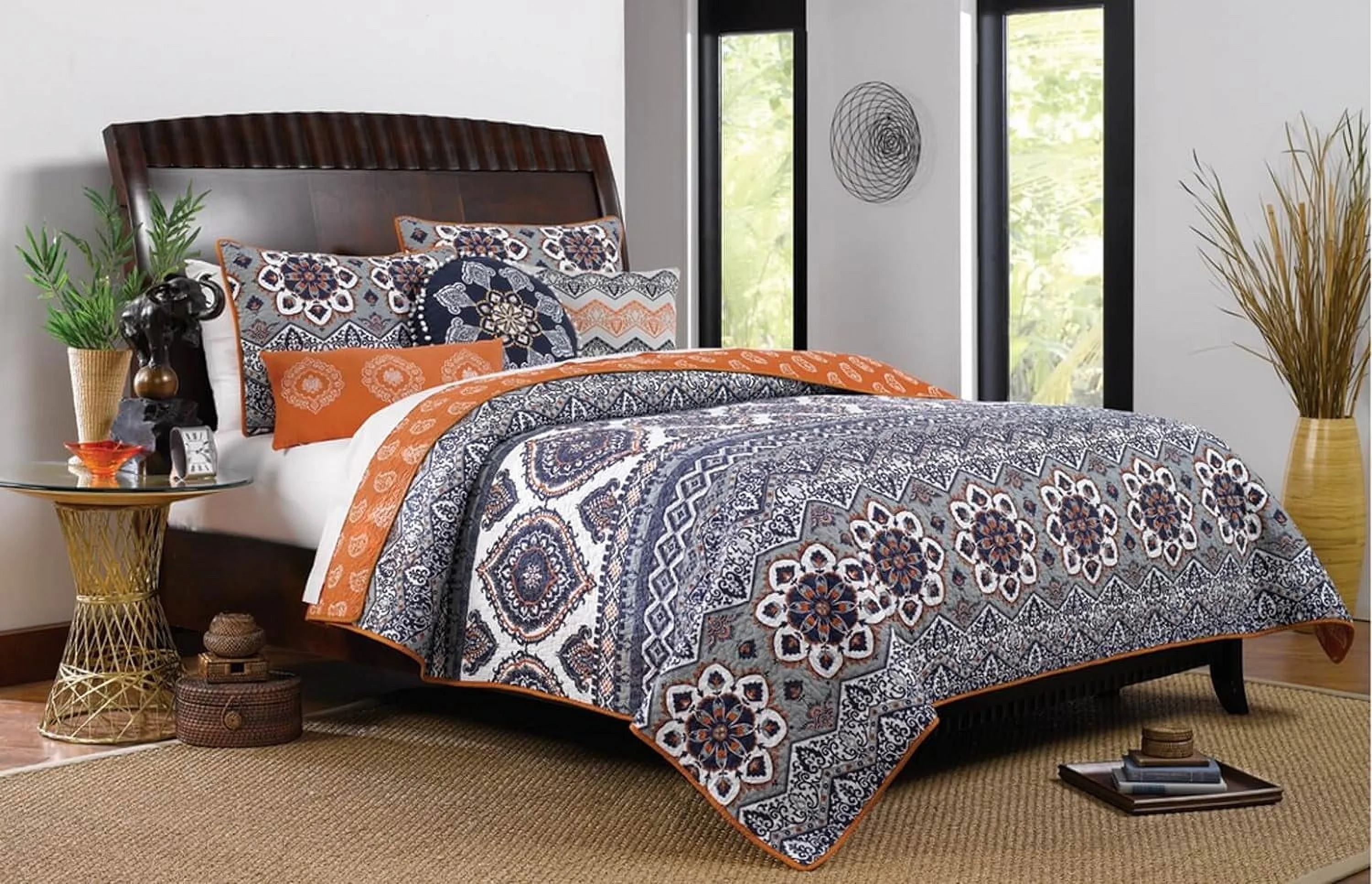 Boho Chic Moroccan Paisley Pattern Grey Orange Cotton 3 Piece King Size Quilt Bedding Set - Includes Bed Sheet Straps
