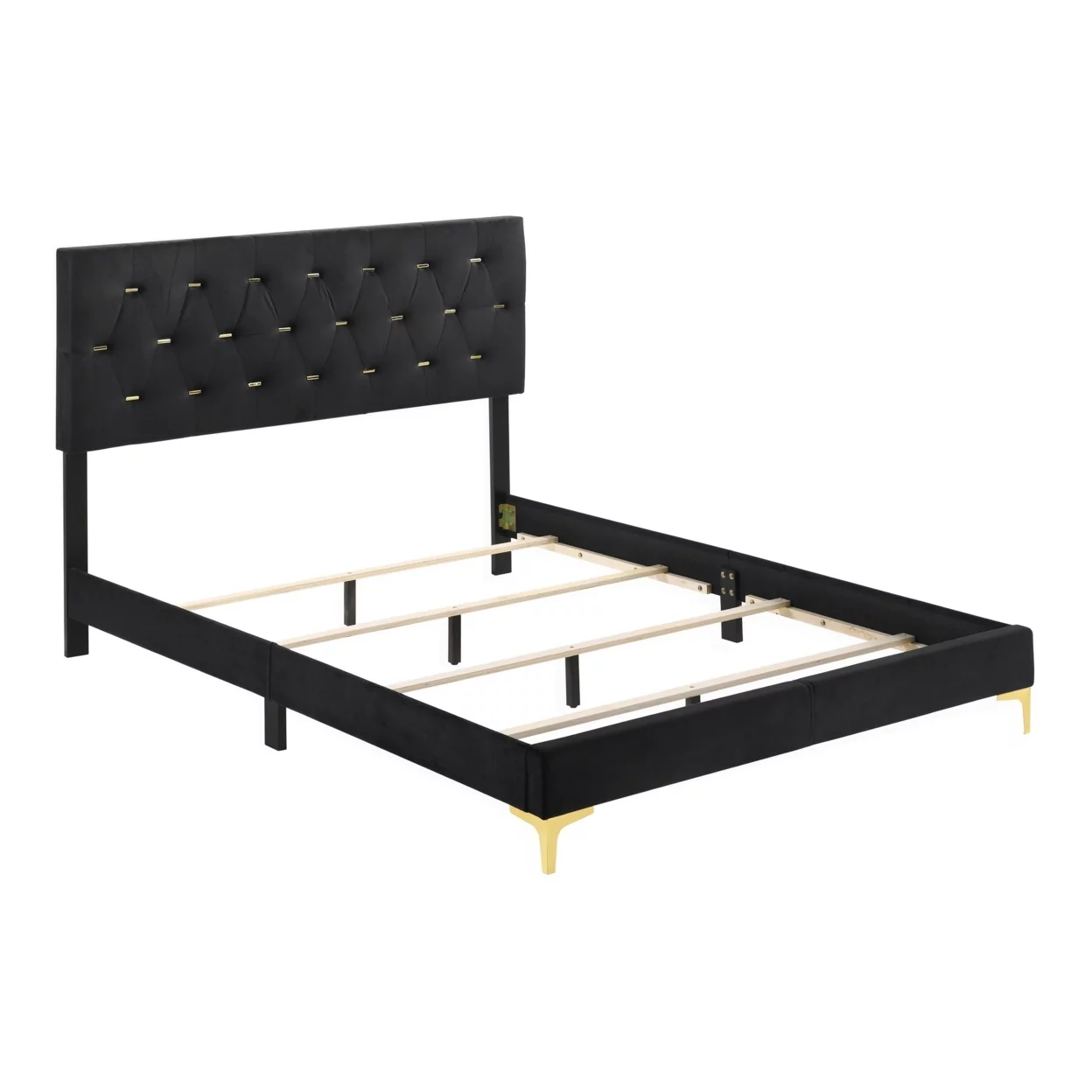 Lif Platform California King Size Bed Tufted Headboard Gold Black Velvet- Saltoro Sherpi