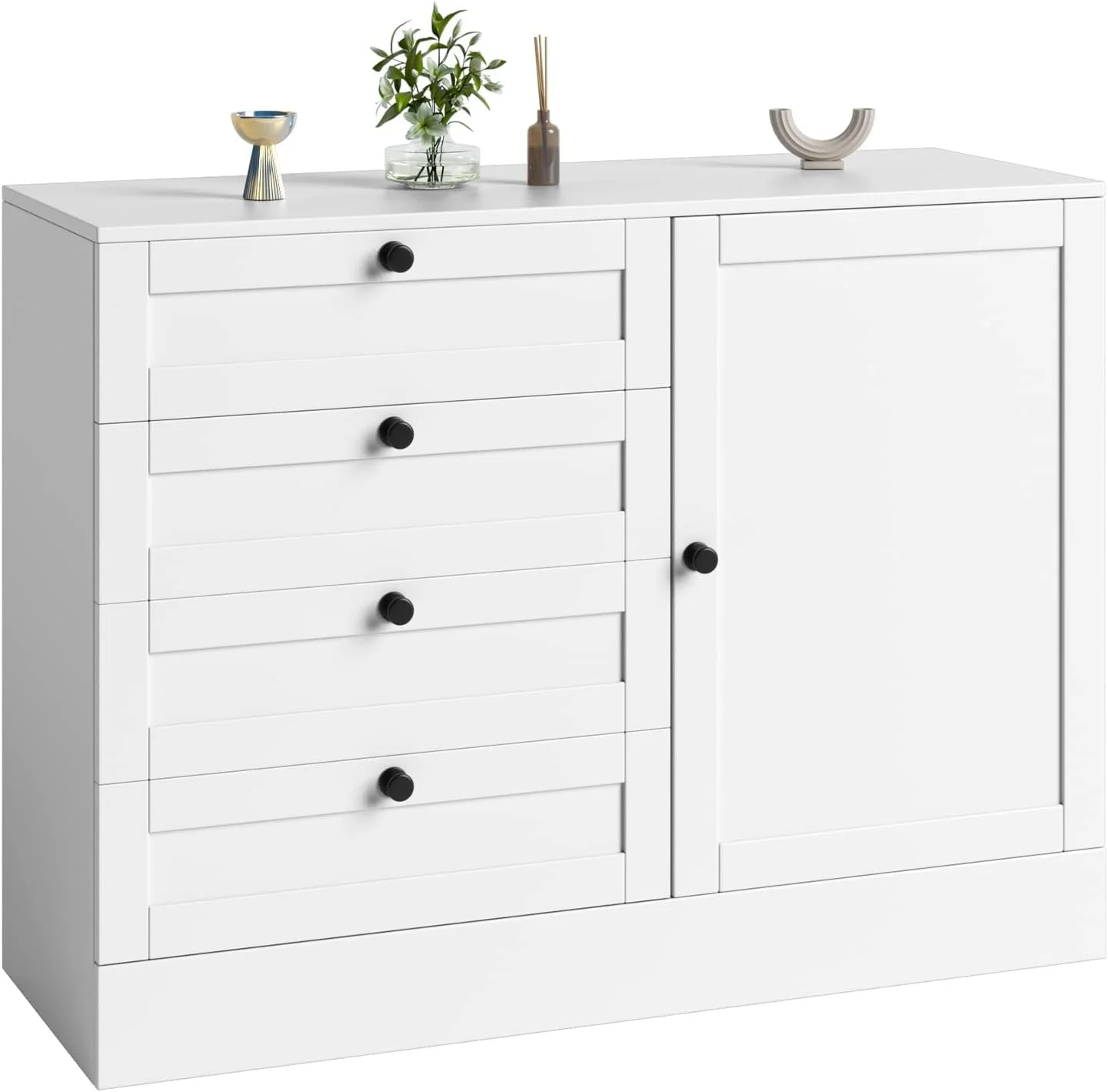 Popular 4 Drawer Dresser with Door Wide Chest of Drawers Closet Organizers Modern Storage Cabinet for Bedroom Living Room Kitchen White 43.3" L x 15.7" D x 31.9" H