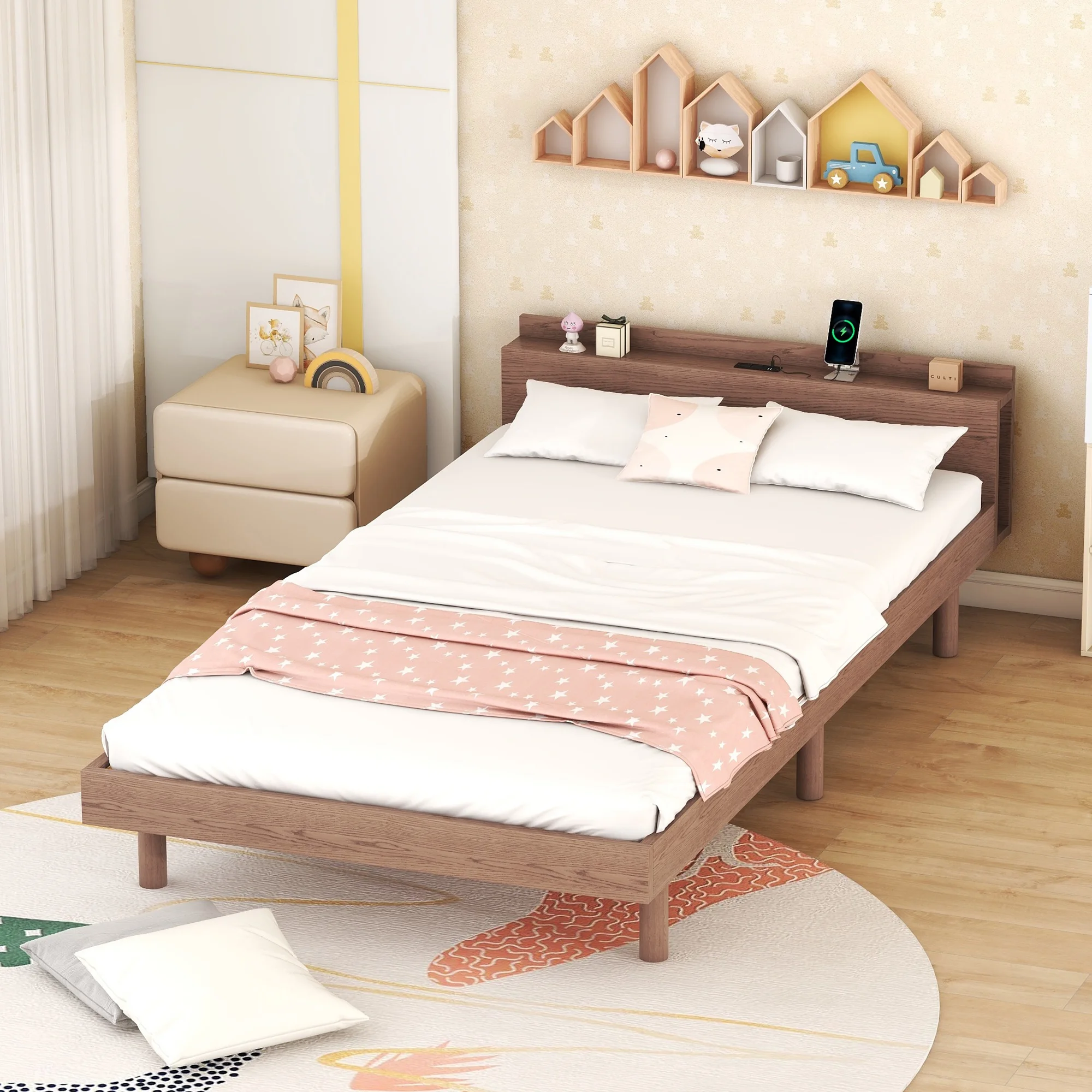 Modern Twin Platform Bed Frame with Headboard - Walnut Color