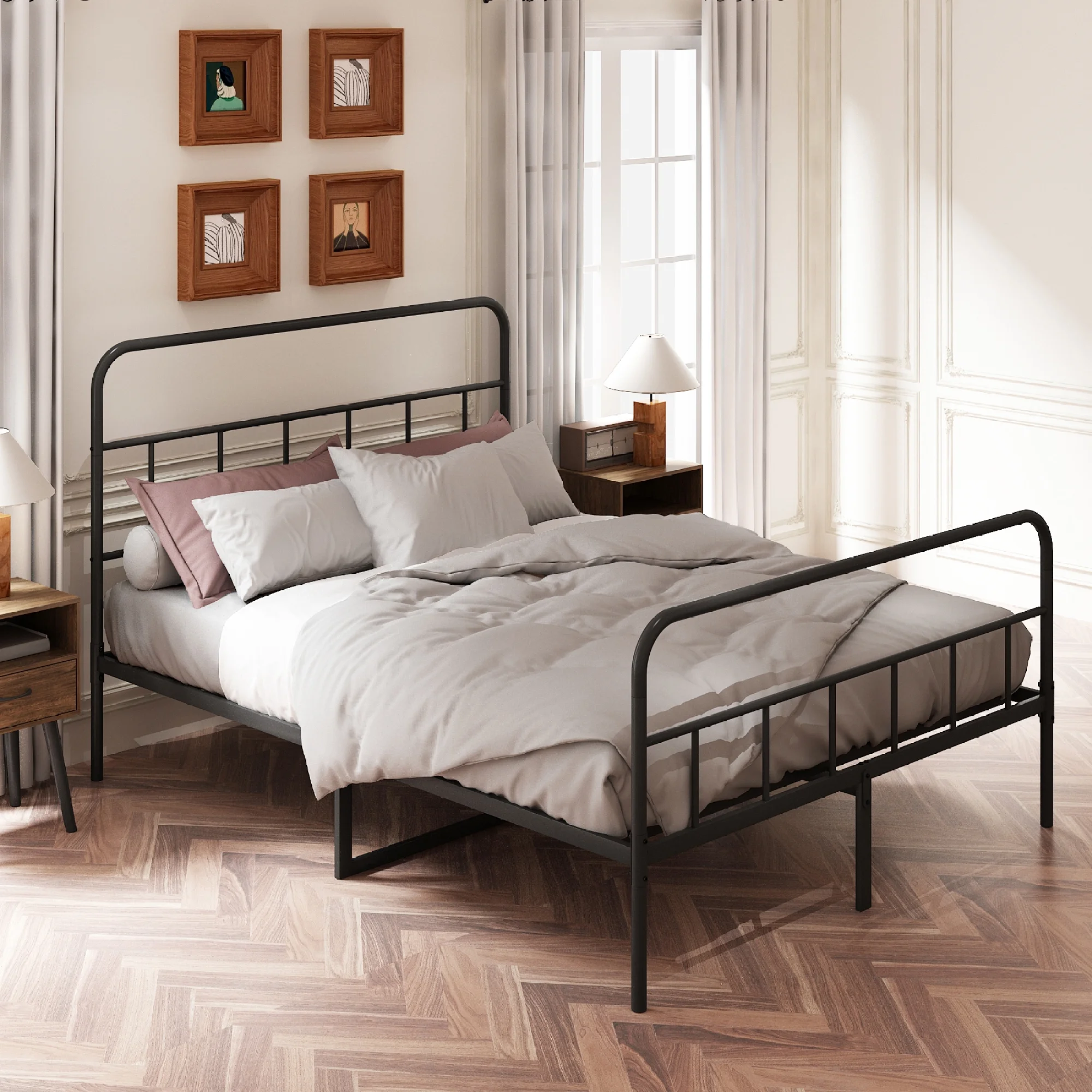Modern Queen Metal Platform Bed Frame with Headboard, Sturdy Construction, No Need for Box Spring