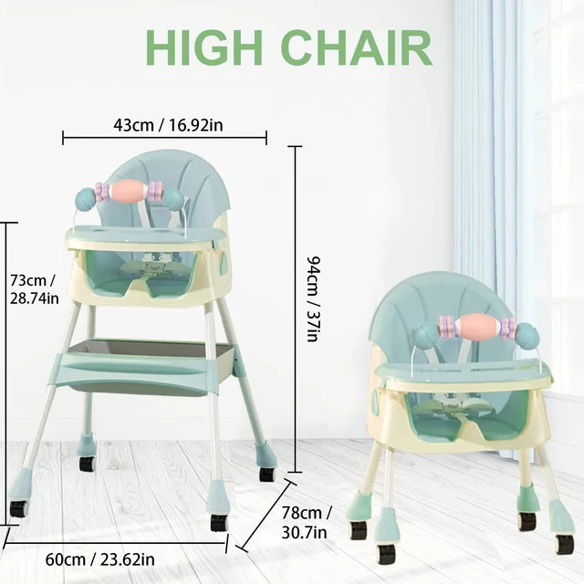 4-in-1 Baby High Chair Portable Dining Chairs Eat & Play with Five-Point, Double-Layer Dinner Plate and Toy Rack, easy to clean, safe and secure Green