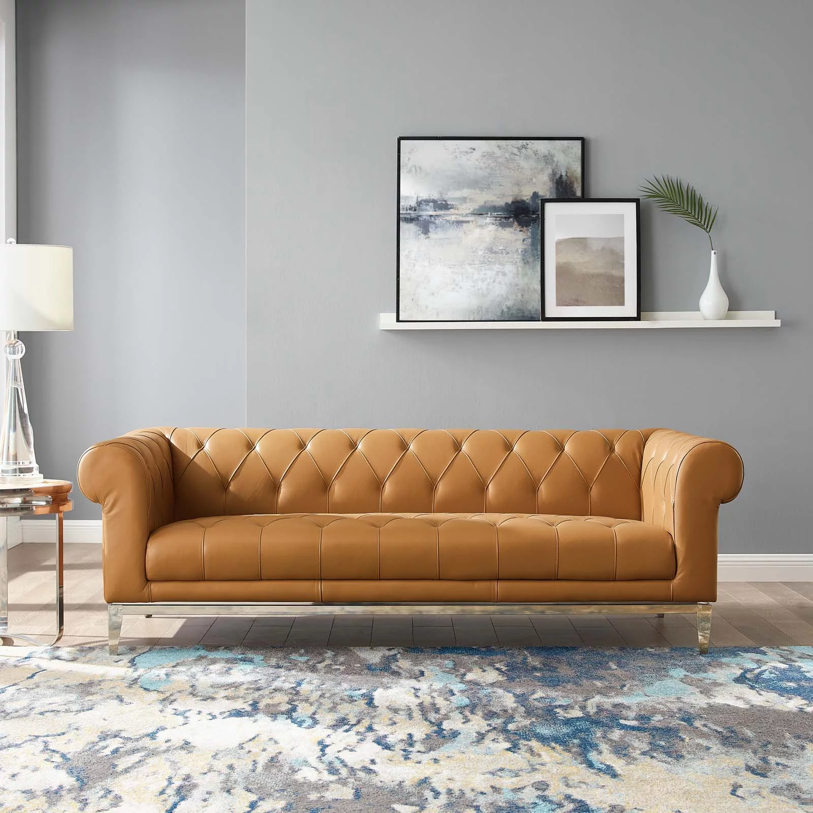 Contemporary Modern Urban Designer Living Room Lounge Club Lobby Sofa, Leather, Tan Brown