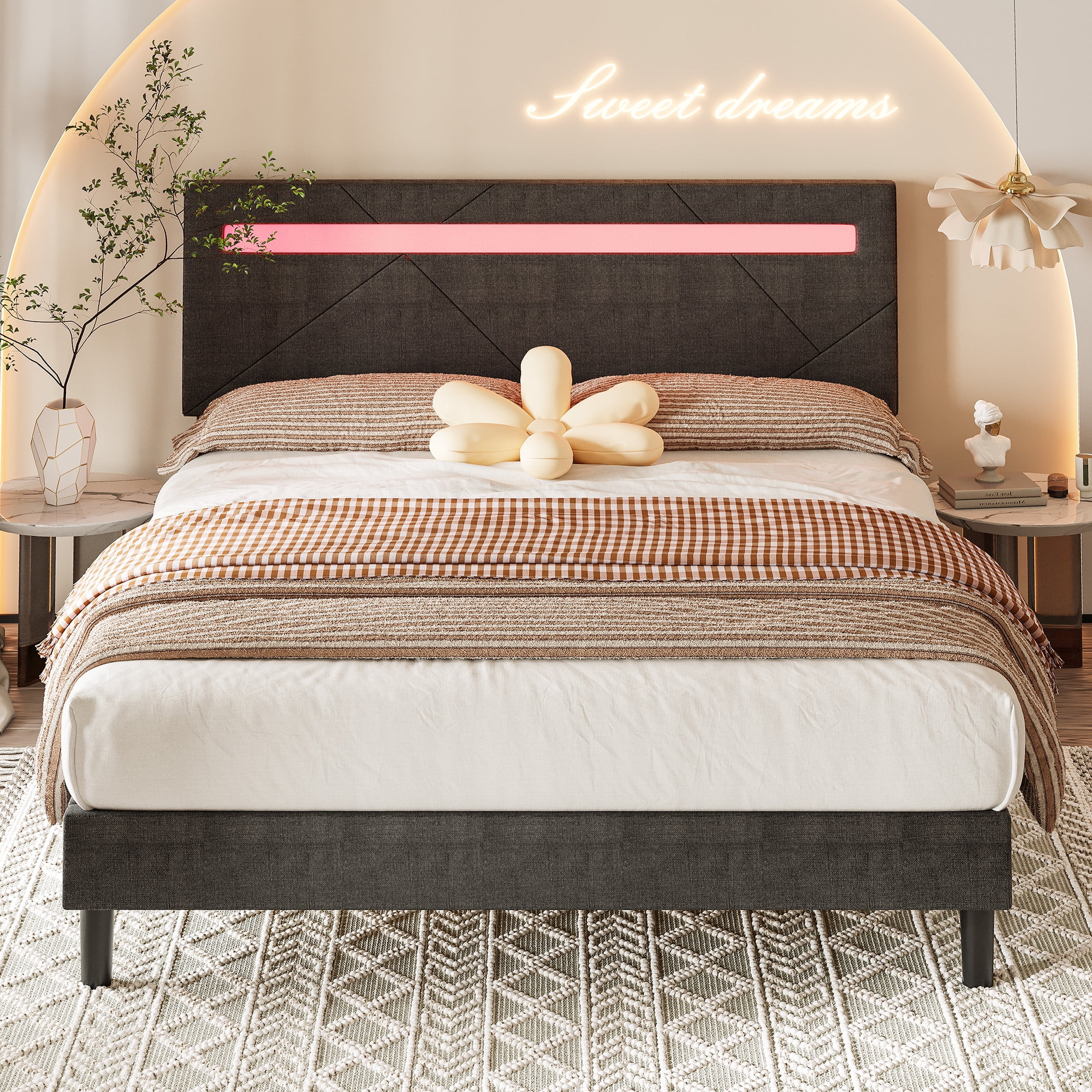 LIKIMIO Full Size Platform Bed Frame with Adjustable Upholstered Headboard, APP Control LED Lights, Grey