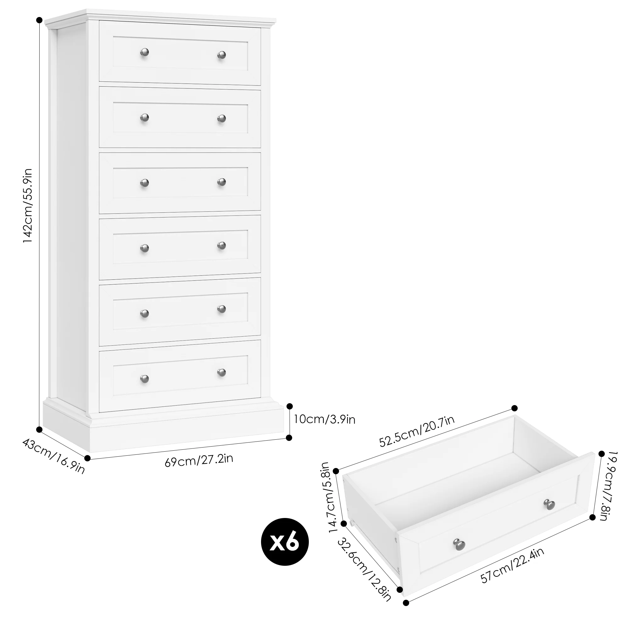 Homfa White Dresser with 6 Drawers, Vertical Storage Cabinet Chest of Drawers for Bedroom Living Room