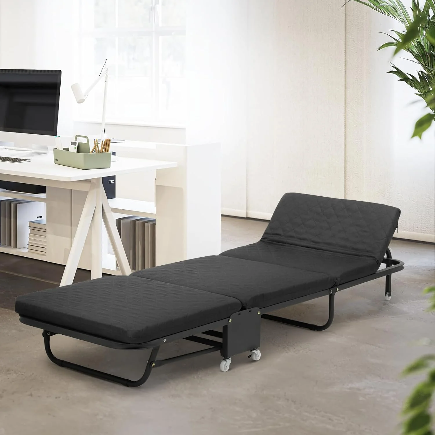 Folding Bed With Mattress, Rollaway Bed For Adults, Portable Foldable Guest Bed For Home, Max 660Lbs Load, Black