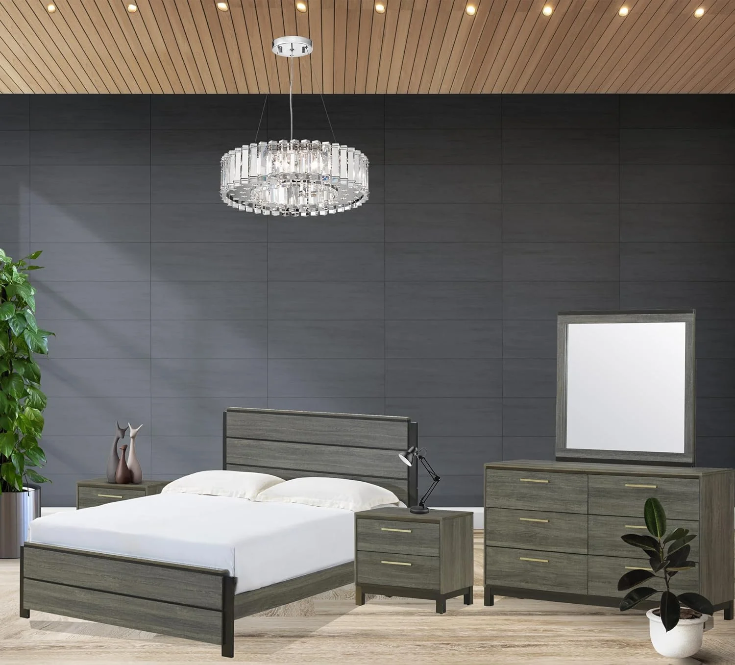 Kings Brand Furniture - 5-Piece Antique Grey Wood Queen Size Bedroom Set. Bed, Dresser, Mirror & 2 Night Stands
