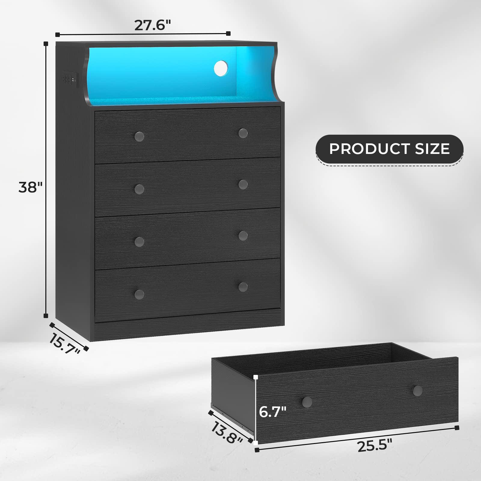 Weiplehoom Dressers for Bedroom with Charging Station and LED Light, Black 4 Drawer Chest of Drawers