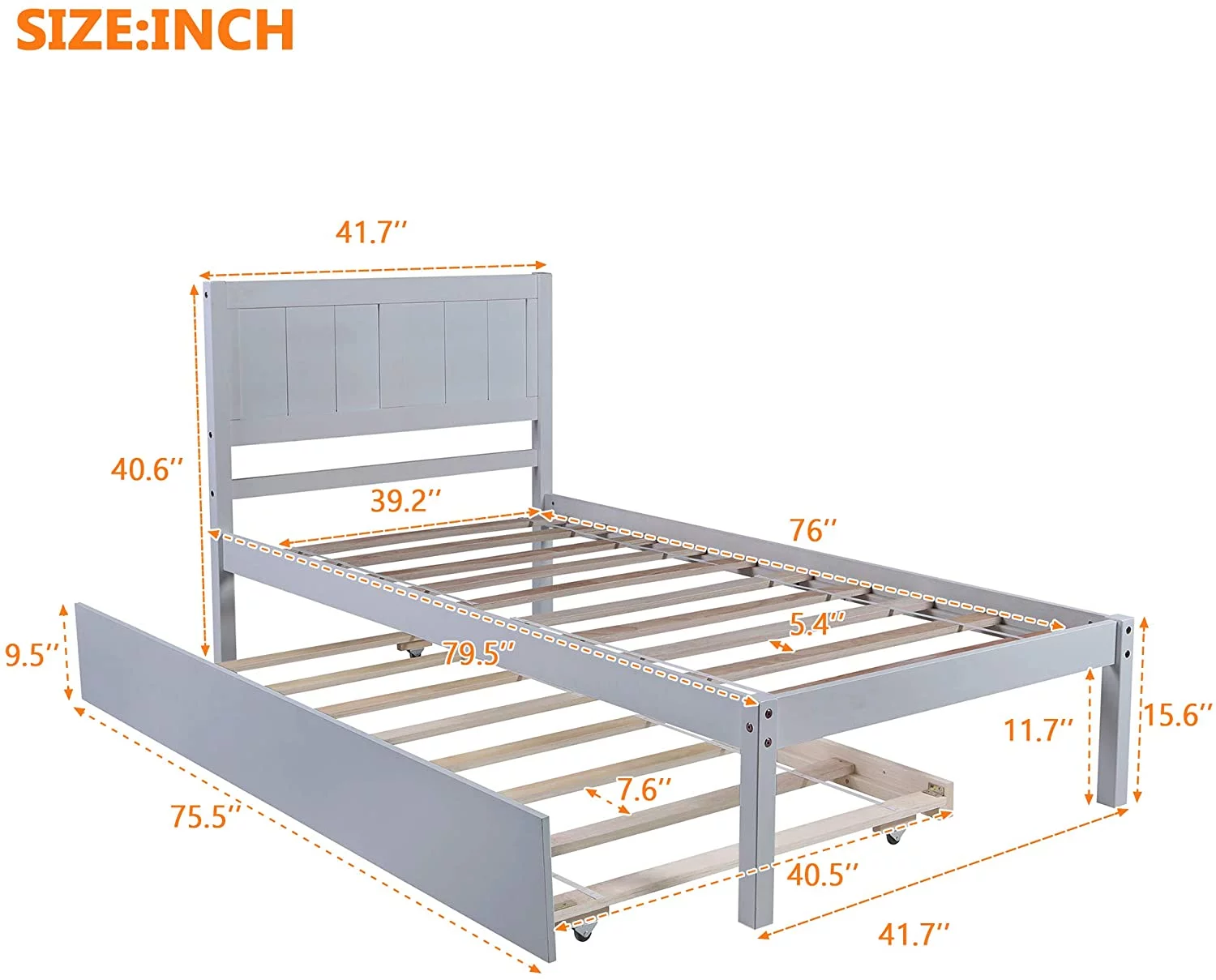 Wood Platform Bed With Trundle, Size Bed Frame With Headboard, Pull Out Trundle Bed For Kids Teens Guests Bedroom Living Room Furniture (Grey)