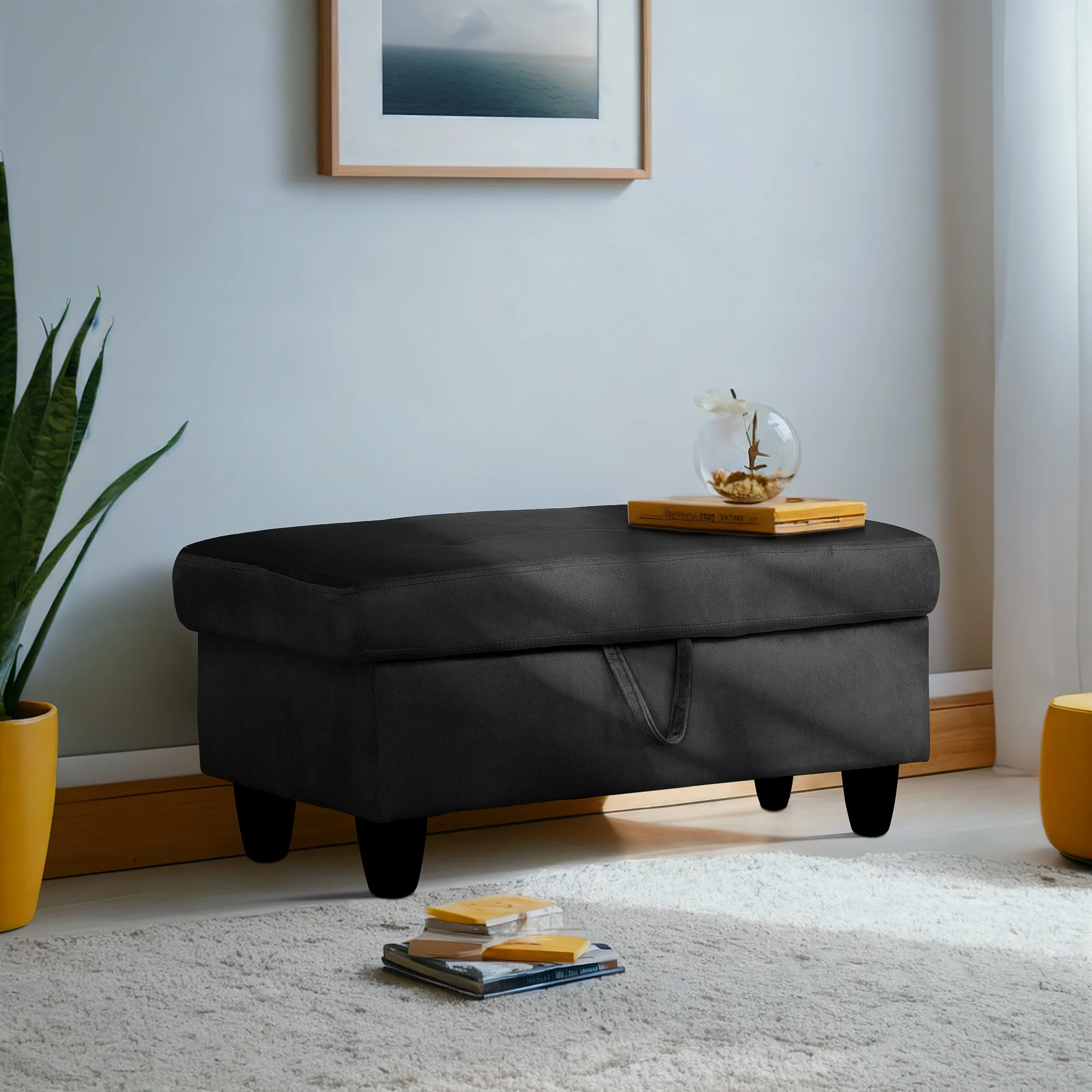 Flannel Storage Ottoman Bench Storage Chest Footstools for Sofa Couch Bedroom End of Bed Living Room Black