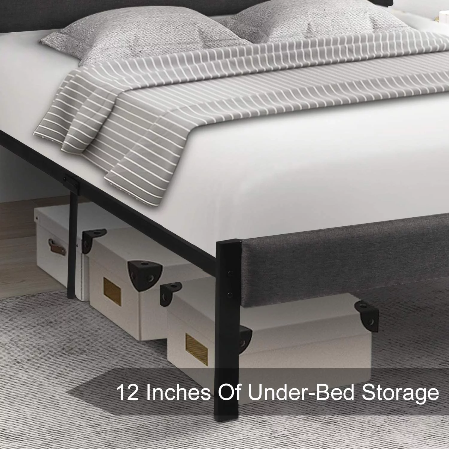 Queen Metal Bed Frame with Upholstered Headboard & Footboard， 3001 lbs Heavy Duty, Gray