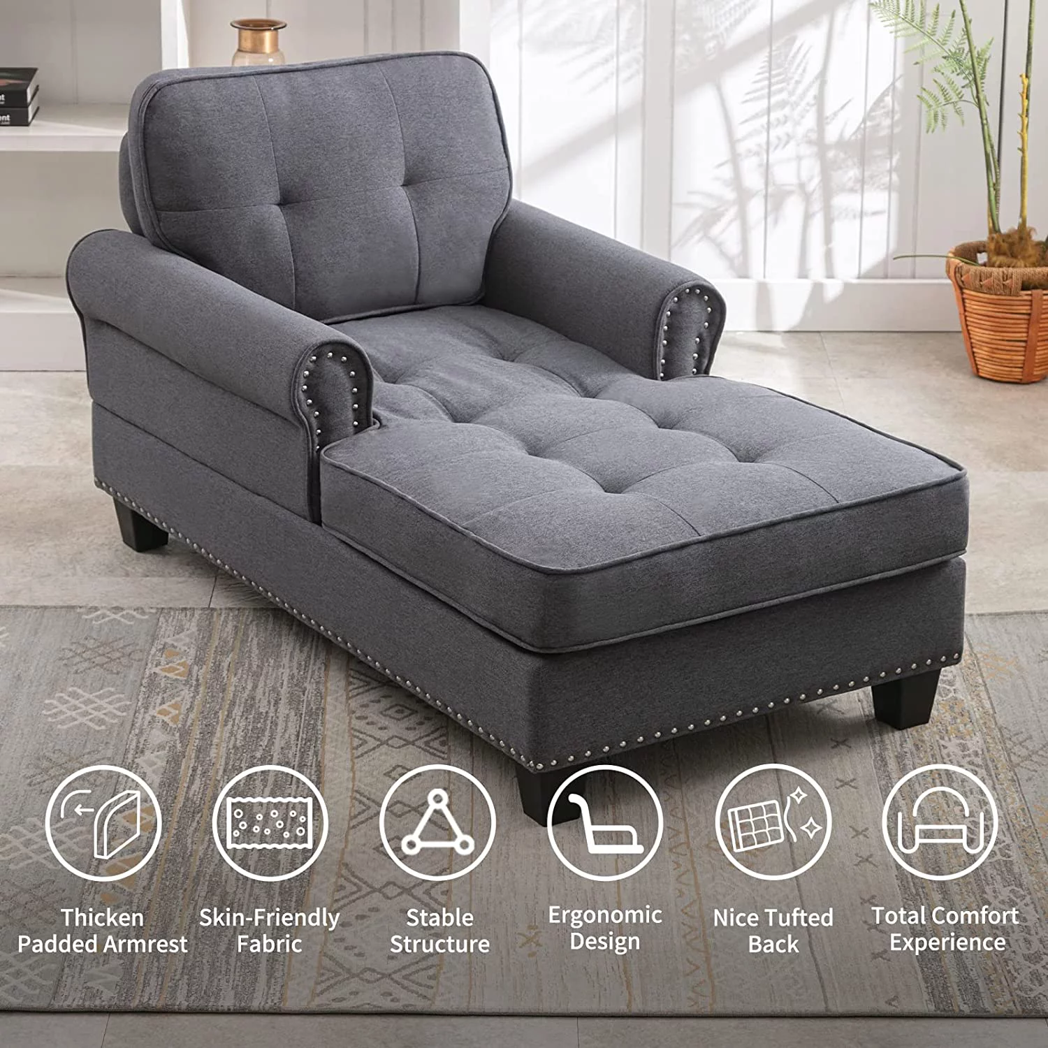 MUZZ Mid-Century Sleeper Sofa Chair with Linen Tufted Back, Chaise Lounge for Apartment/Living Room/Office (Dark Gray)