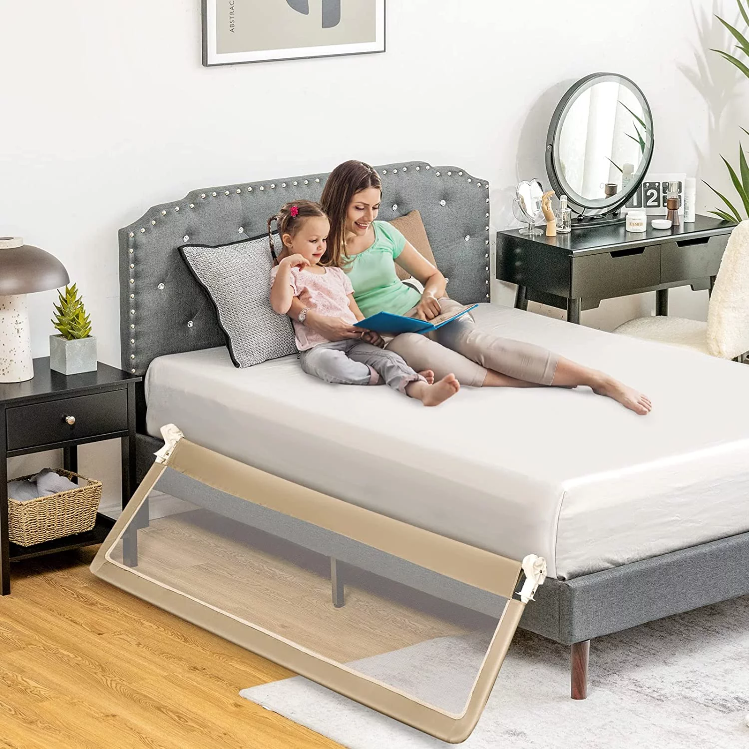 Bed Rail for Toddlers, 71-in Extra Long, Portable Safety Bed Guardrail w/Double Safety Child Lock, Bed Rail Guard, Fit King & Queen Full Twin Size Bed Mattress(Beige, Pack 2)