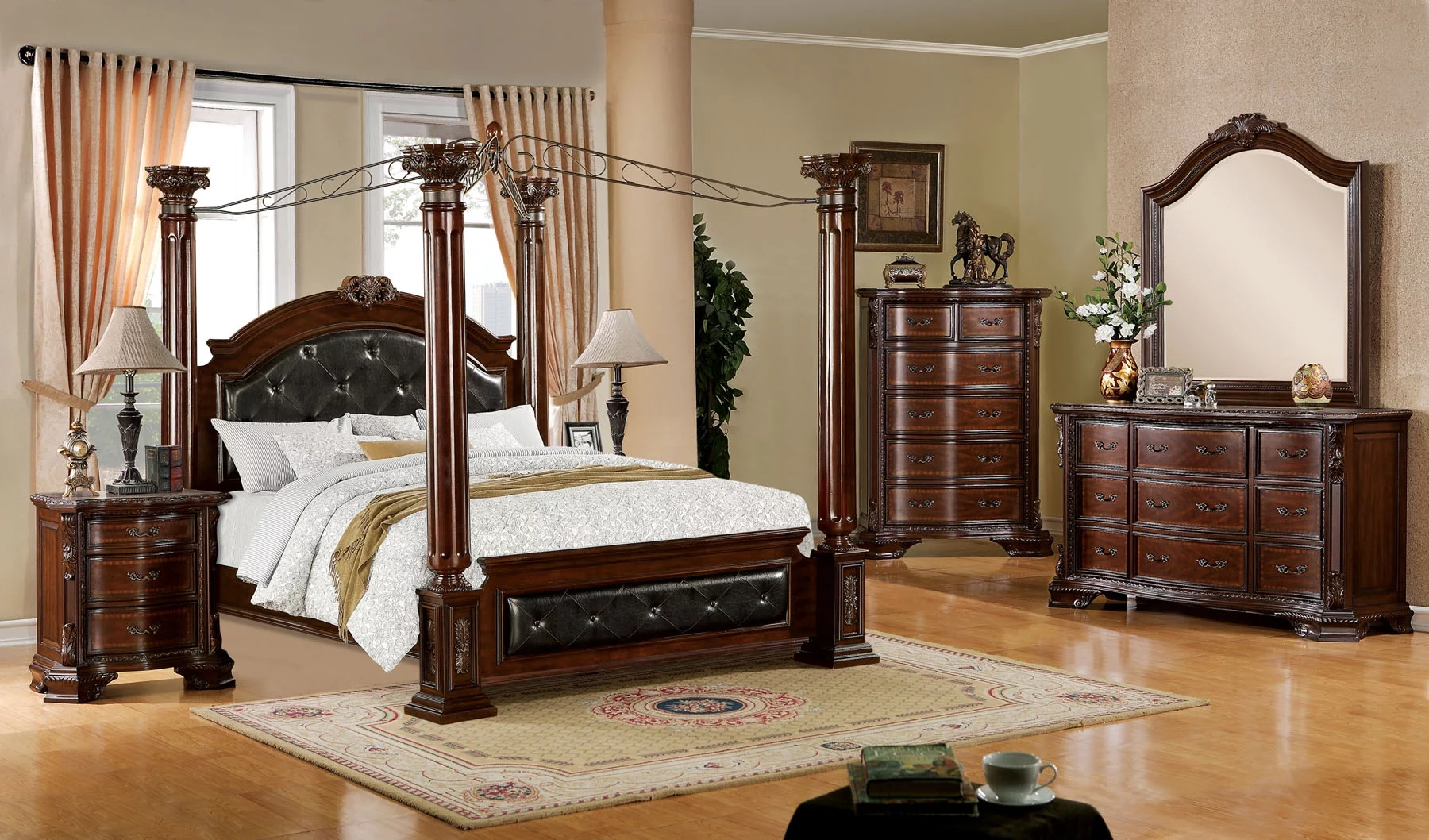 Luxurious Baroque Style Poster Canopy Queen Size Bed Dresser Mirror Nightstand Brown Cherry Finish 4pc Set Button Tufted Headboard FB Bedroom Furniture
