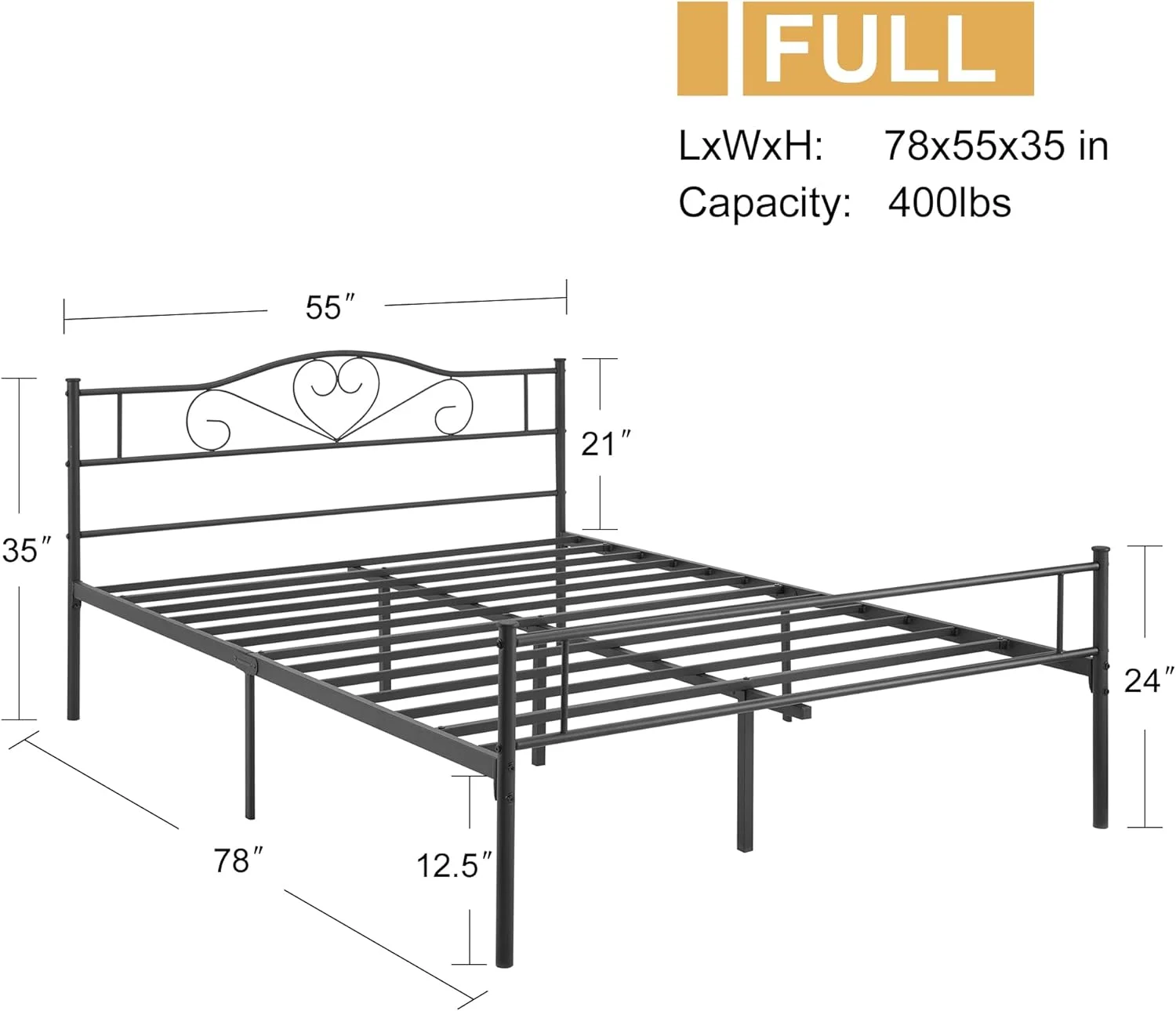 YGDU Metal Platform Bed Frame Mattress Foundation, Decorative Headboard & Footboard with Heavy Duty Support, Full, Black