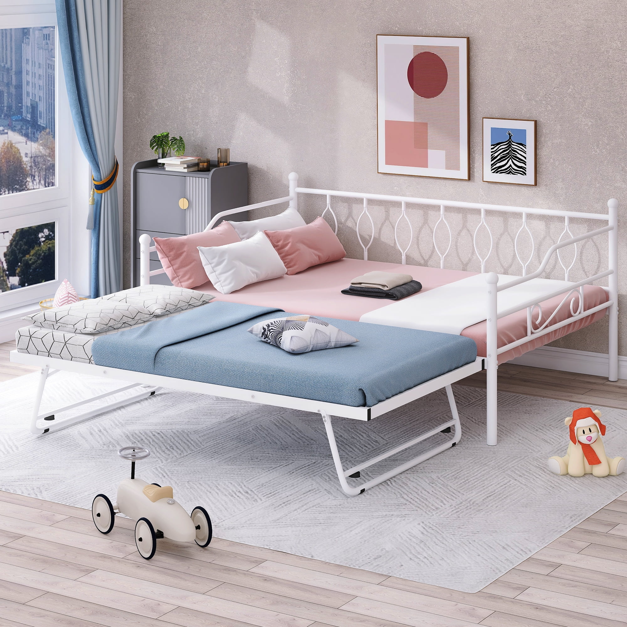 CoSoTower Full Size Metal Daybed with Twin Size Adjustable Trundle, Portable Folding Trundle, White