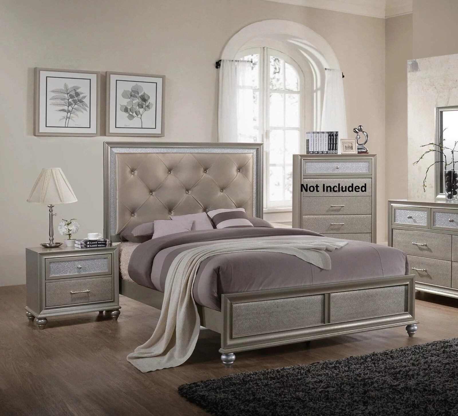 Modern Champagne Faux Diamond Button Tufted HB Finish 3pc Queen Size Bedroom Set Bed and Nightstands