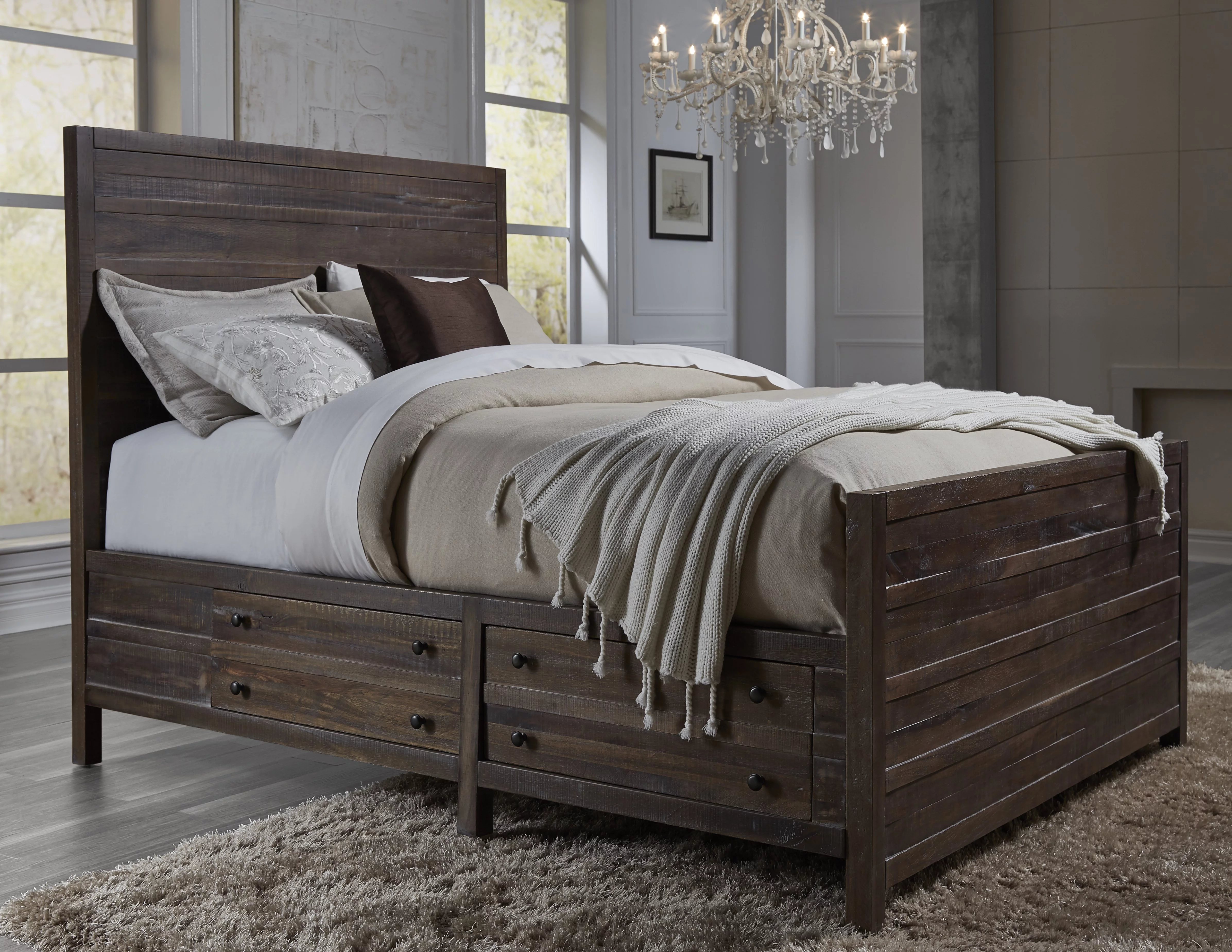 Tempton Rustic Country E King Storage Bed in Coffee Brown