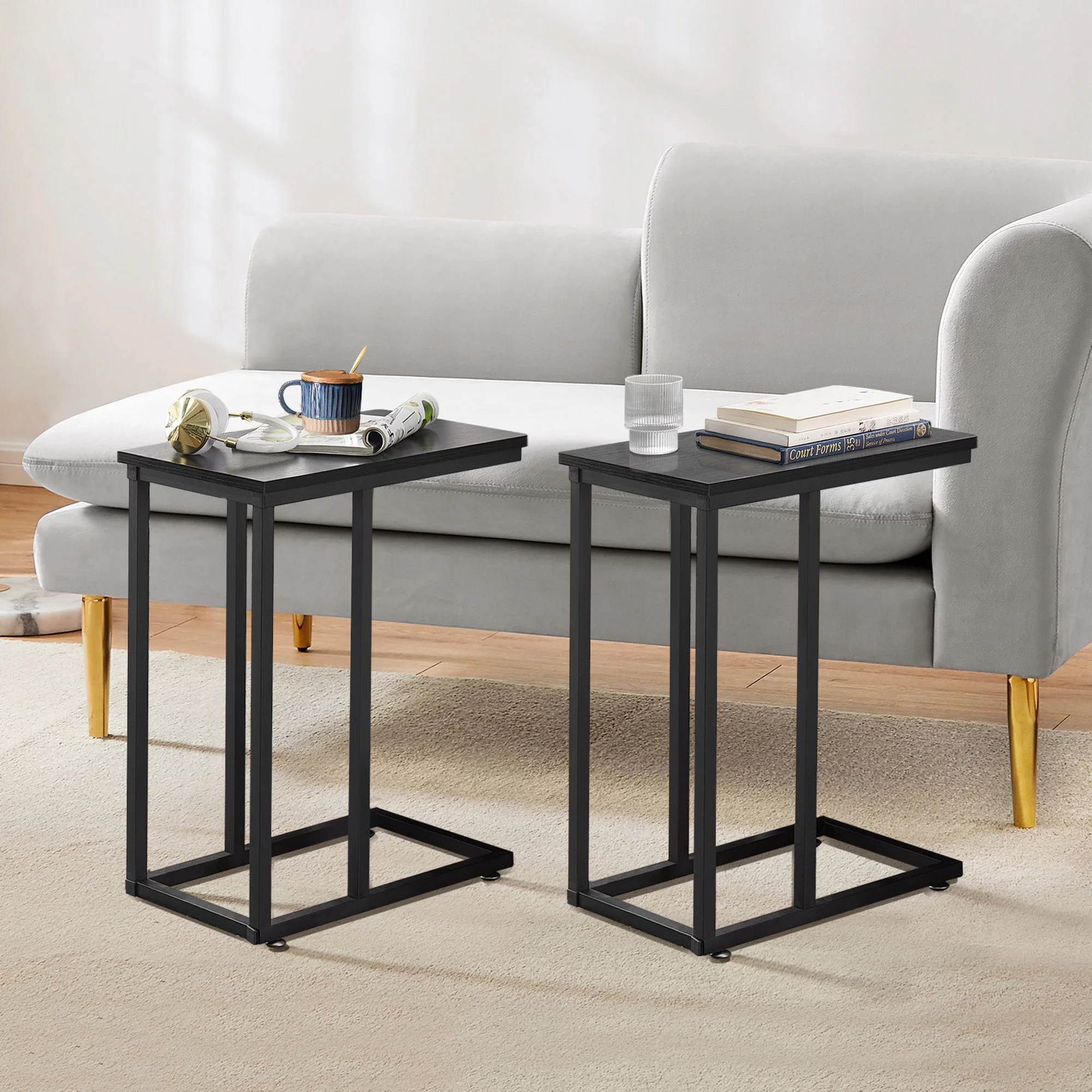VECELO Set of 2 C-Shape Rectangle Side Table, Modern Sofa End Table with Metal Frame, Narrow Bedside Table for Bedroom, Black