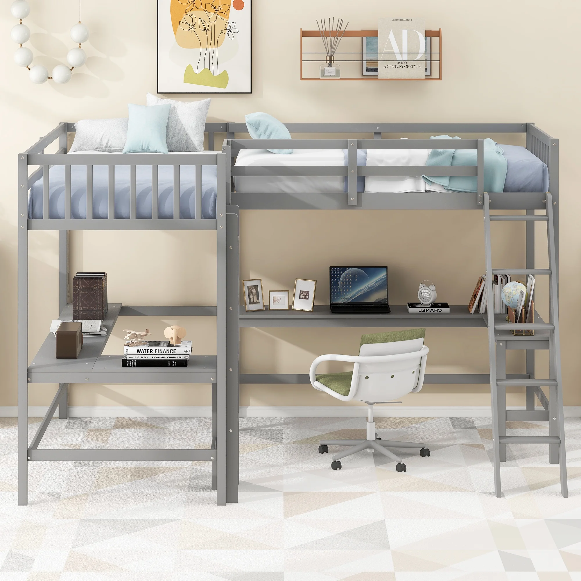Euroco Twin Size L-Shaped Wood Loft Bed with Built-in Desks, 2-in-1 Loft Bed for Kids Teens Adults, Gray