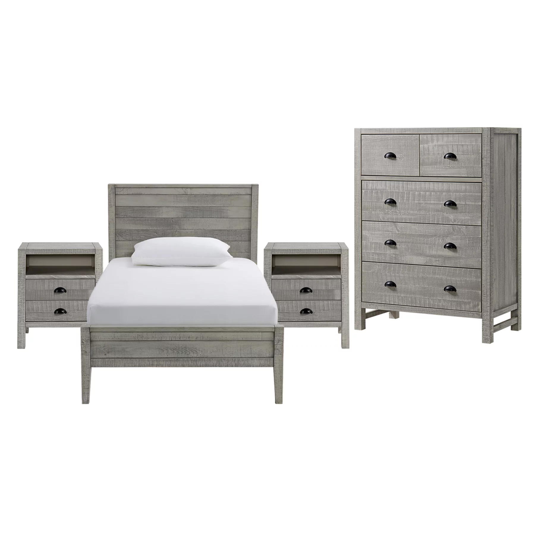Alaterre Furniture Windsor 4-Piece Bedroom Set with Panel Twin Bed, 2 Nightstands, and 5-Drawer Chest, Driftwood Gray