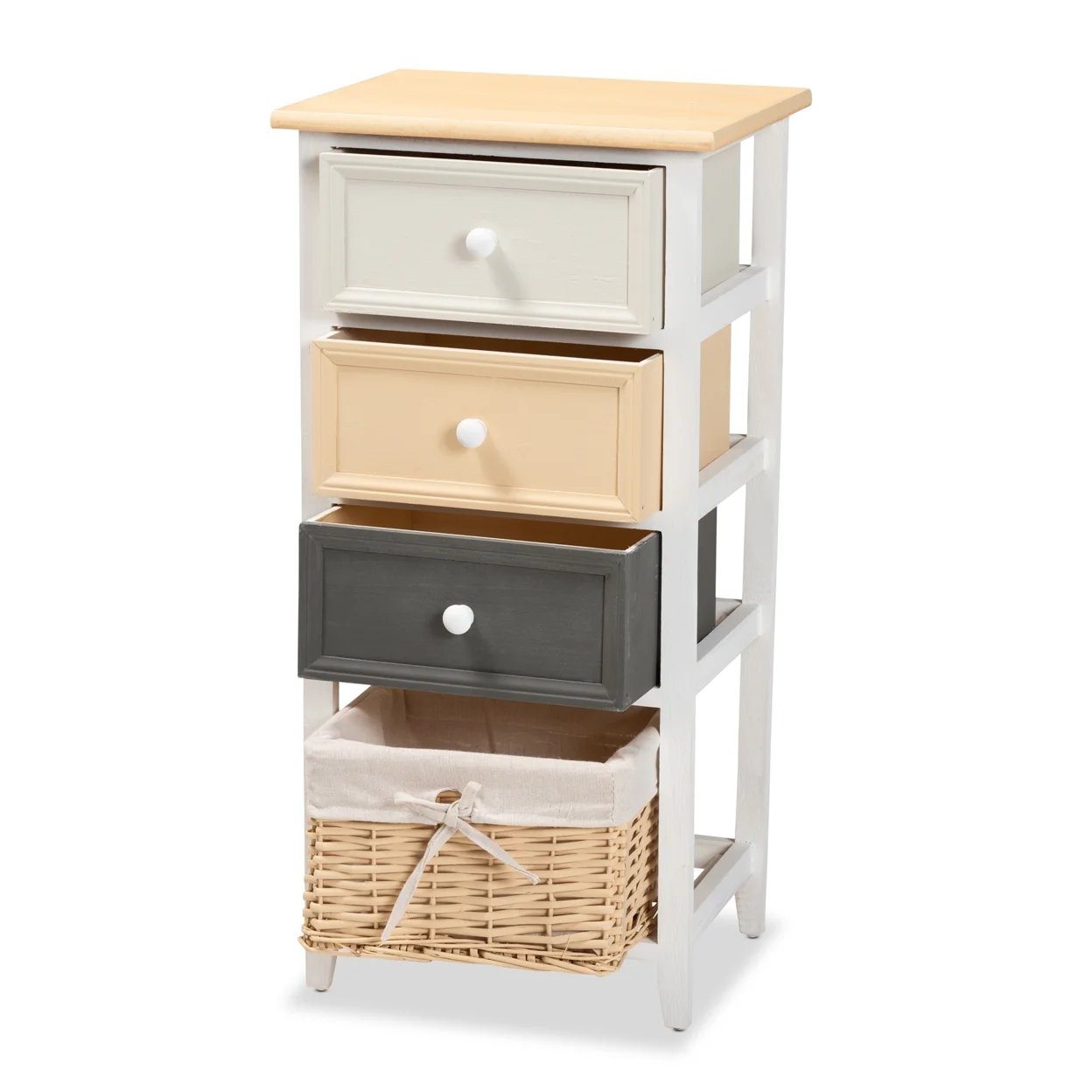Baxton Studio Adonis Mid-Century Modern Transitional Multi-Colored Wood 3-Drawer Storage Unit with Basket,Wholesale