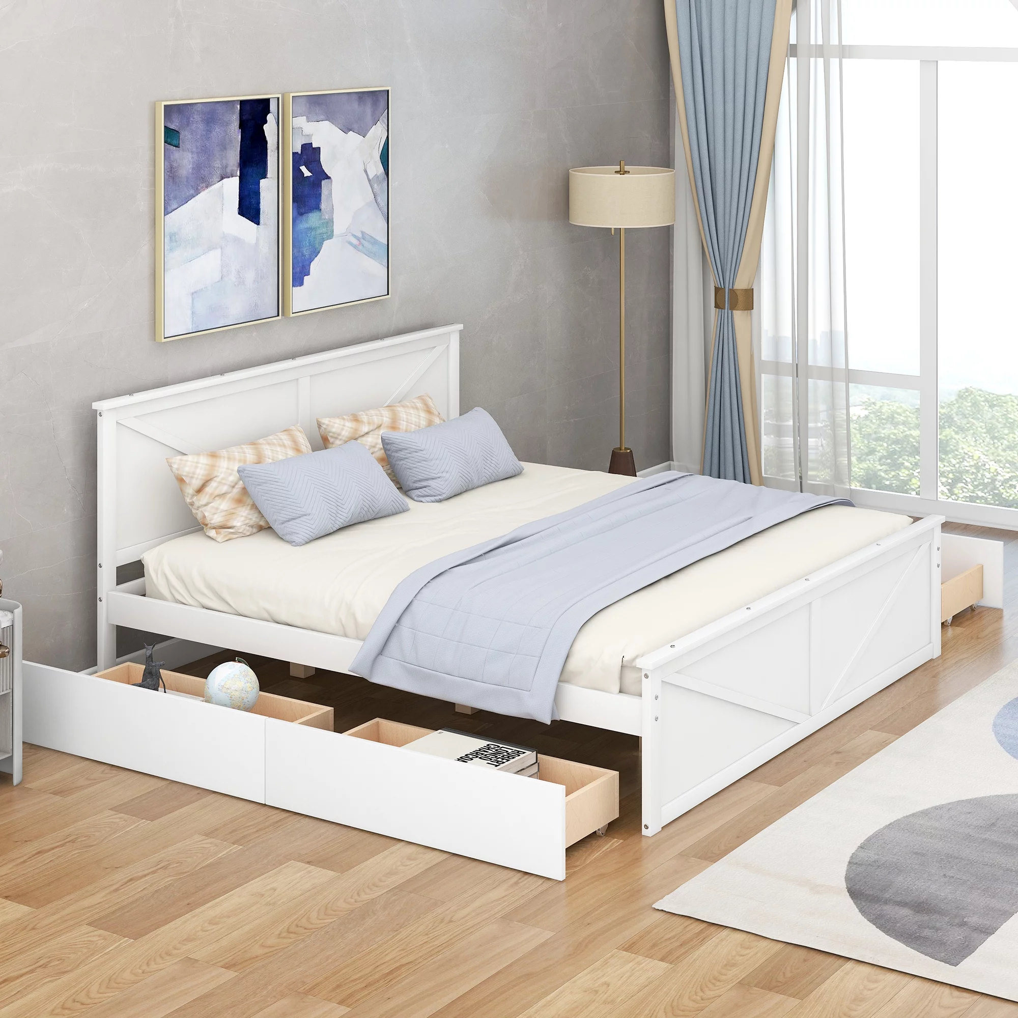 Euroco Pine Wood King Size Platform Bed with Four Storage Drawers for Living Room, White