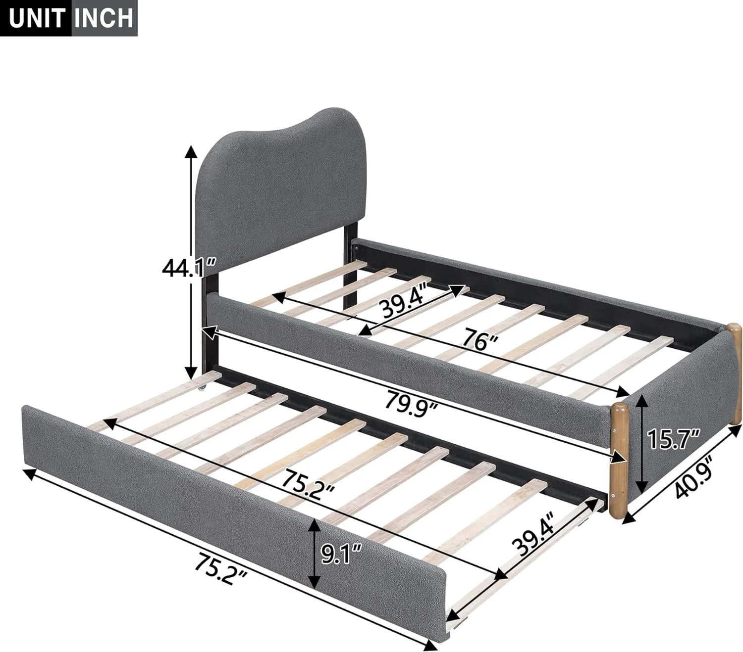 Bed Frame With Trudle, Upholstered Platform Bed With Cloud Shaped Headboard, Kids Beds With Woode Support Legs Ad Slats, o Box Sprig eeded, Gray