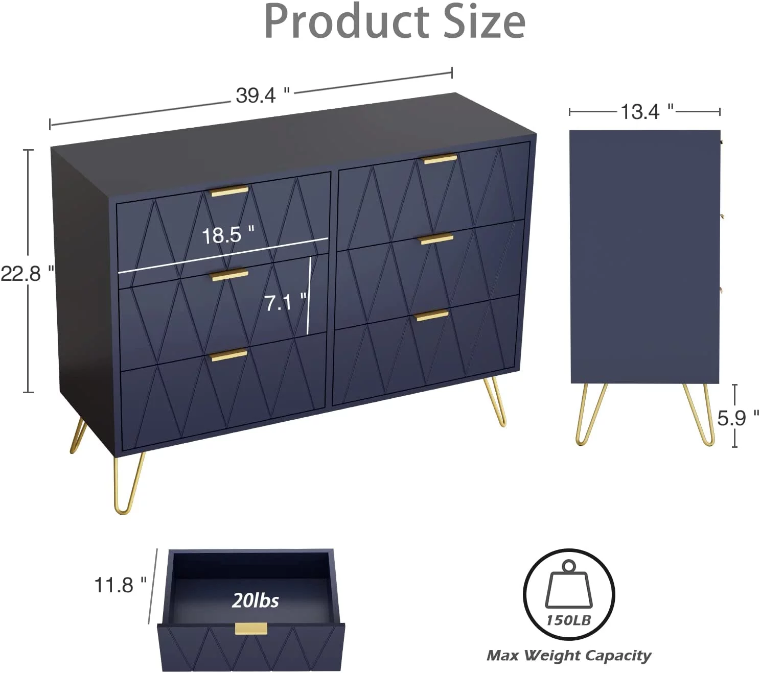 Navy Blue 6 Drawer Dresser for Bedroom Large Double Dresser with Wide Drawers and Gold Handles Chest of Drawers