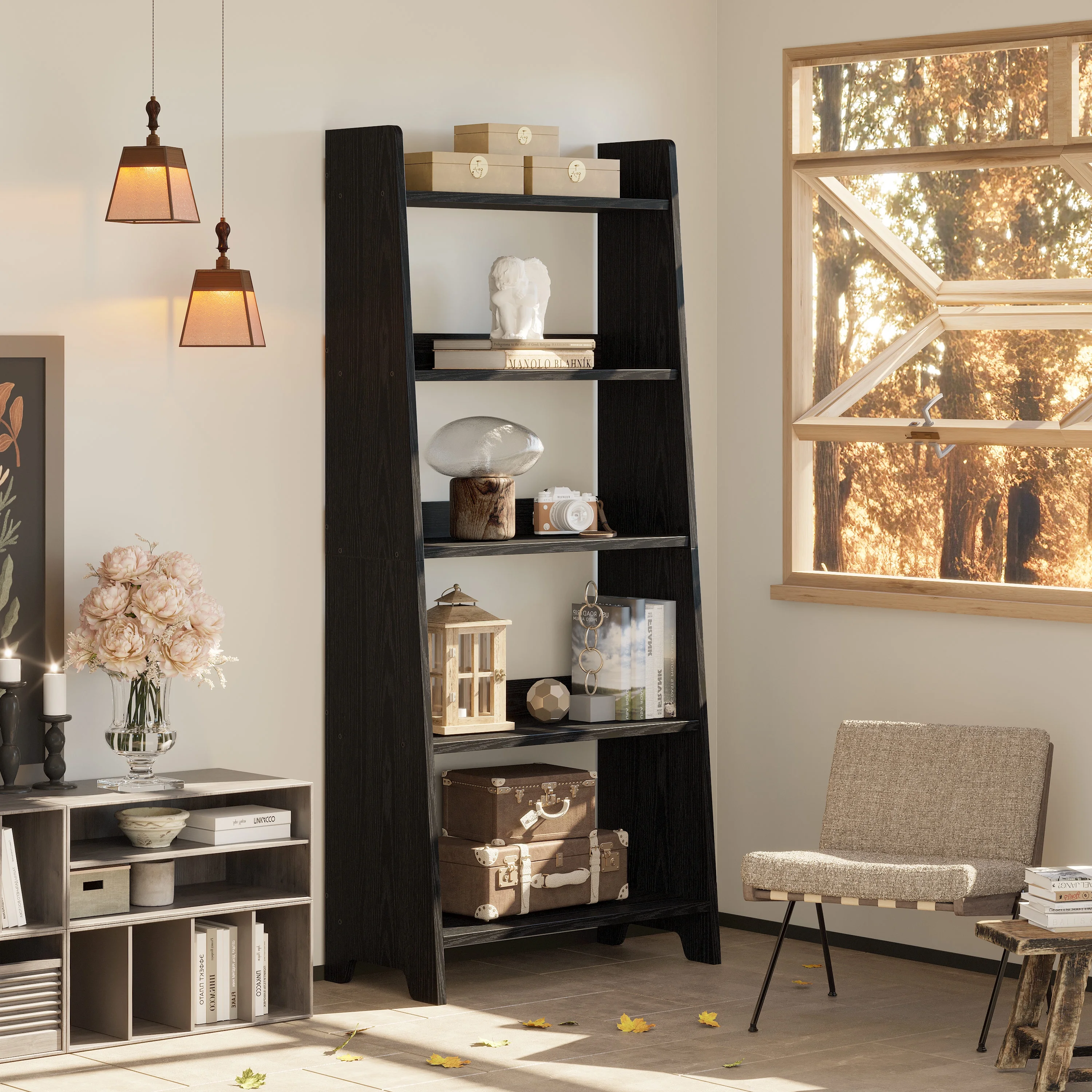 IRONCK 5-tier Wooden Bookshelves and Bookcases, 63 inch Tall Ladder Display Shelf for Home Office, Black