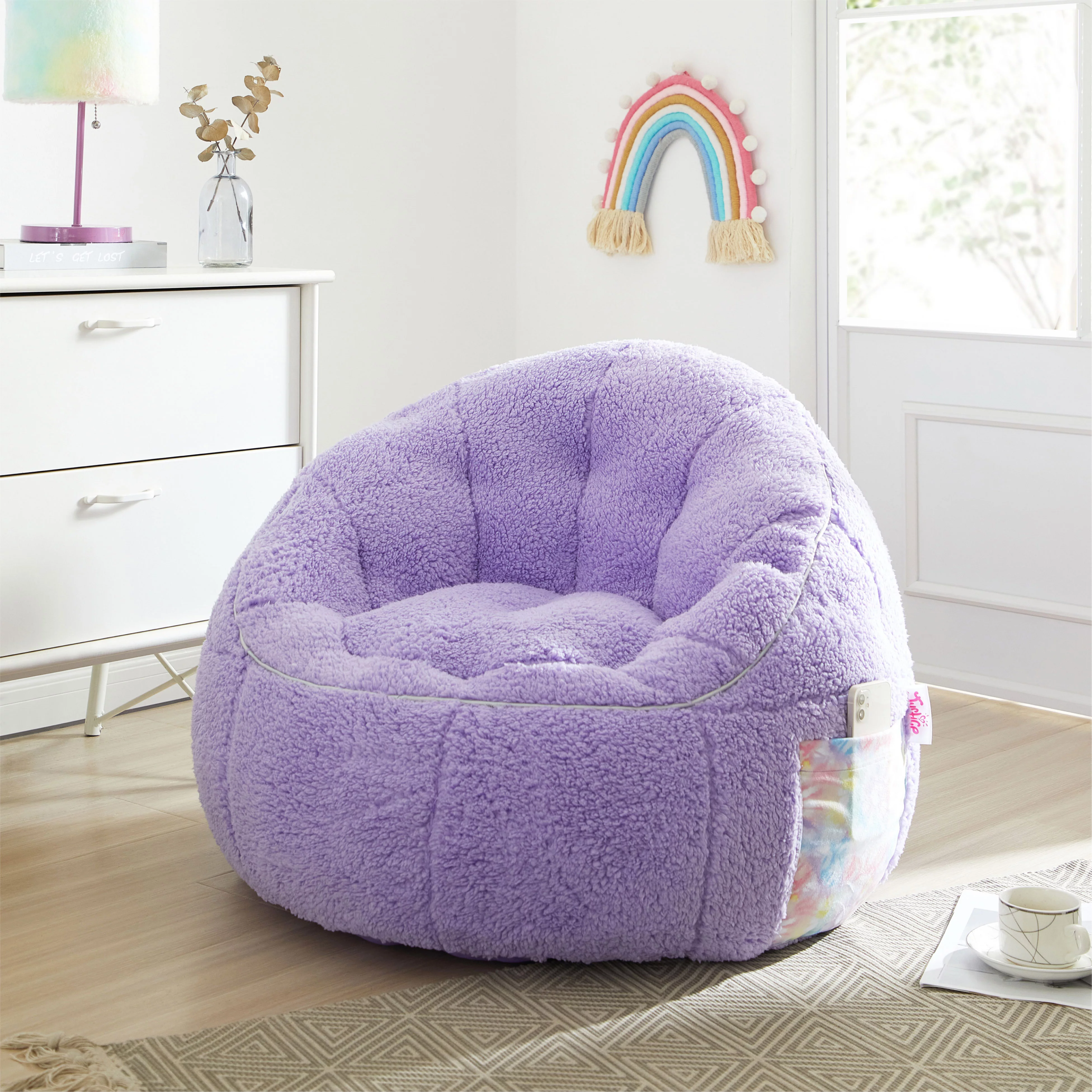 Justice Super Soft Teddy Sherpa Bean Bag Chair with Pocket, Purple