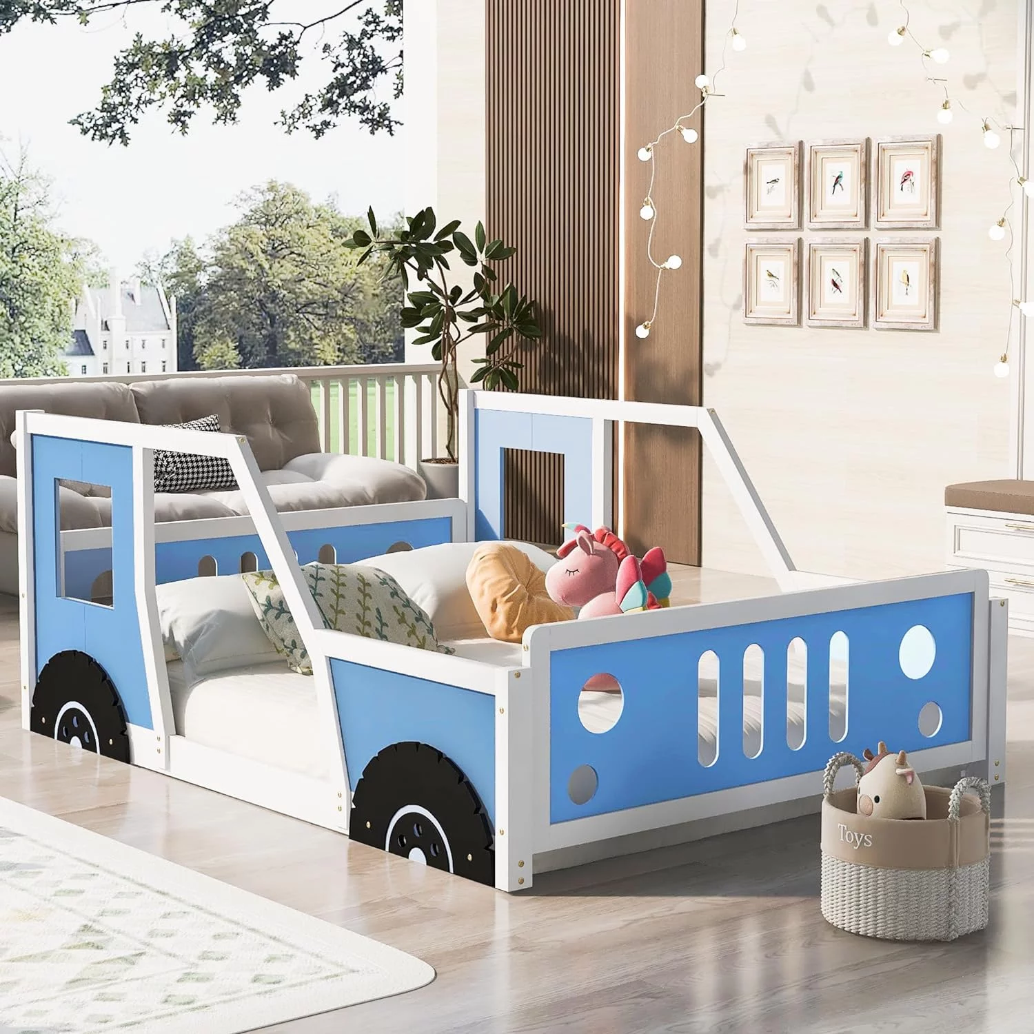 Car Bed Full Size Montessori Floor Bed Frame With Fence And Door, Solid Wood Full Platform Bed For Kids Boys Girls, No Box Spring Needed (Full, Blue), HJHWF306743AAC