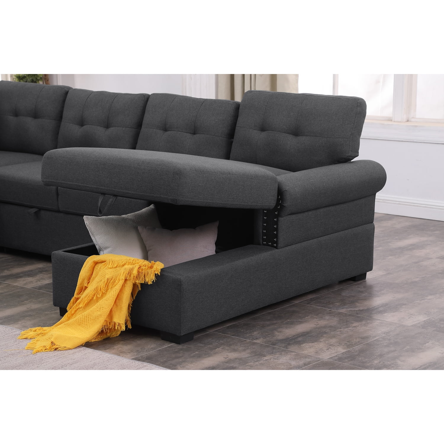 Alexent Sectional fabric Sleeper Sofa w Storage Chaise Lounge- Dark Grey