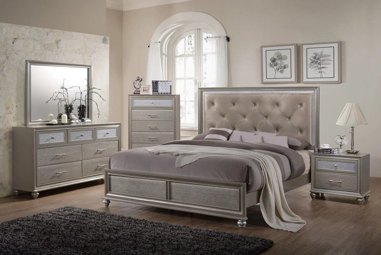 Modern Champagne Faux Diamond Button Tufted HB Finish 6pc King Size Bedroom Set Bed Dresser Mirror Nightstand Chest