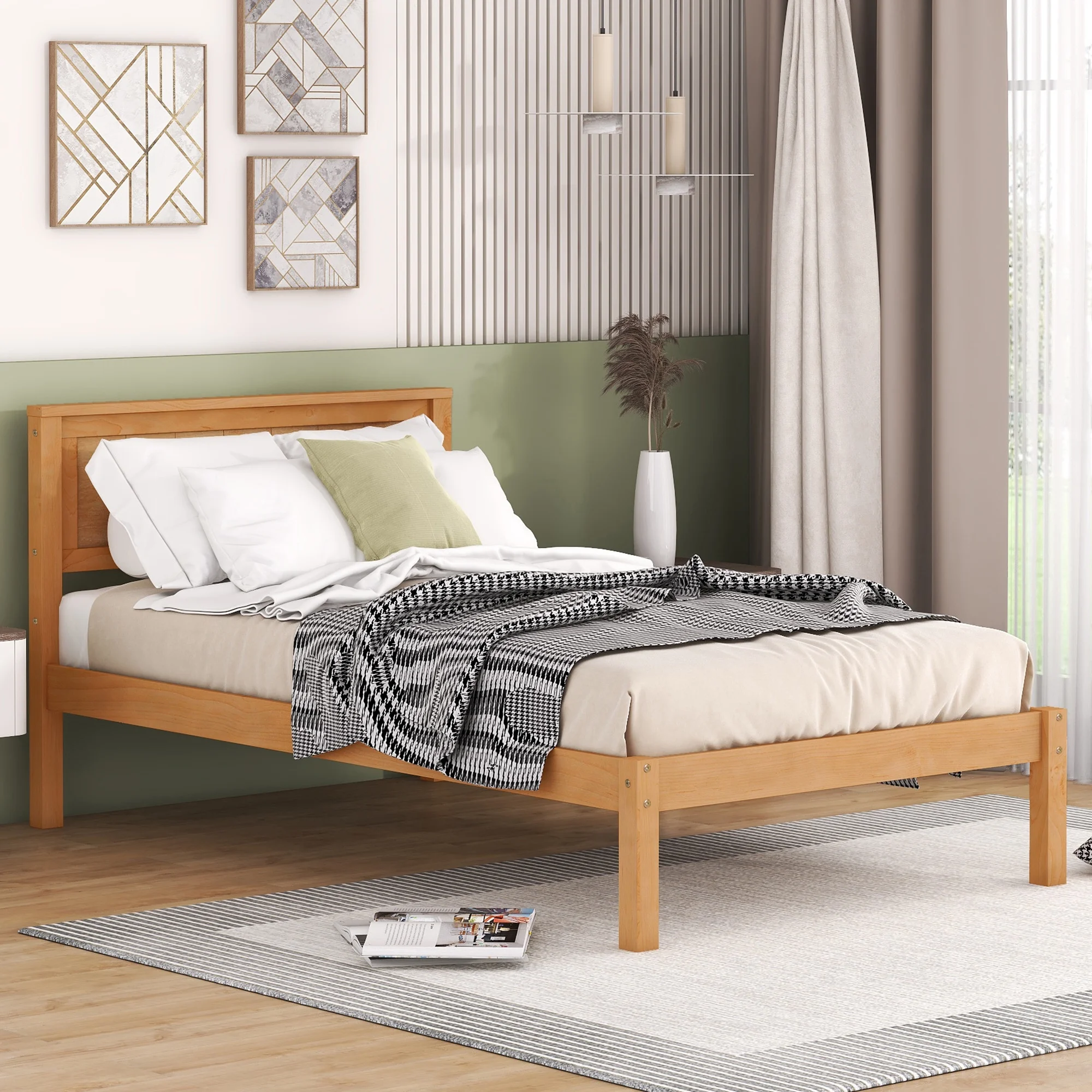 Euroco Twin Platform Bed, Modern Wood Frame Bed with Headboard and Slats for Kids Room, No Box Spring Needed, Oak