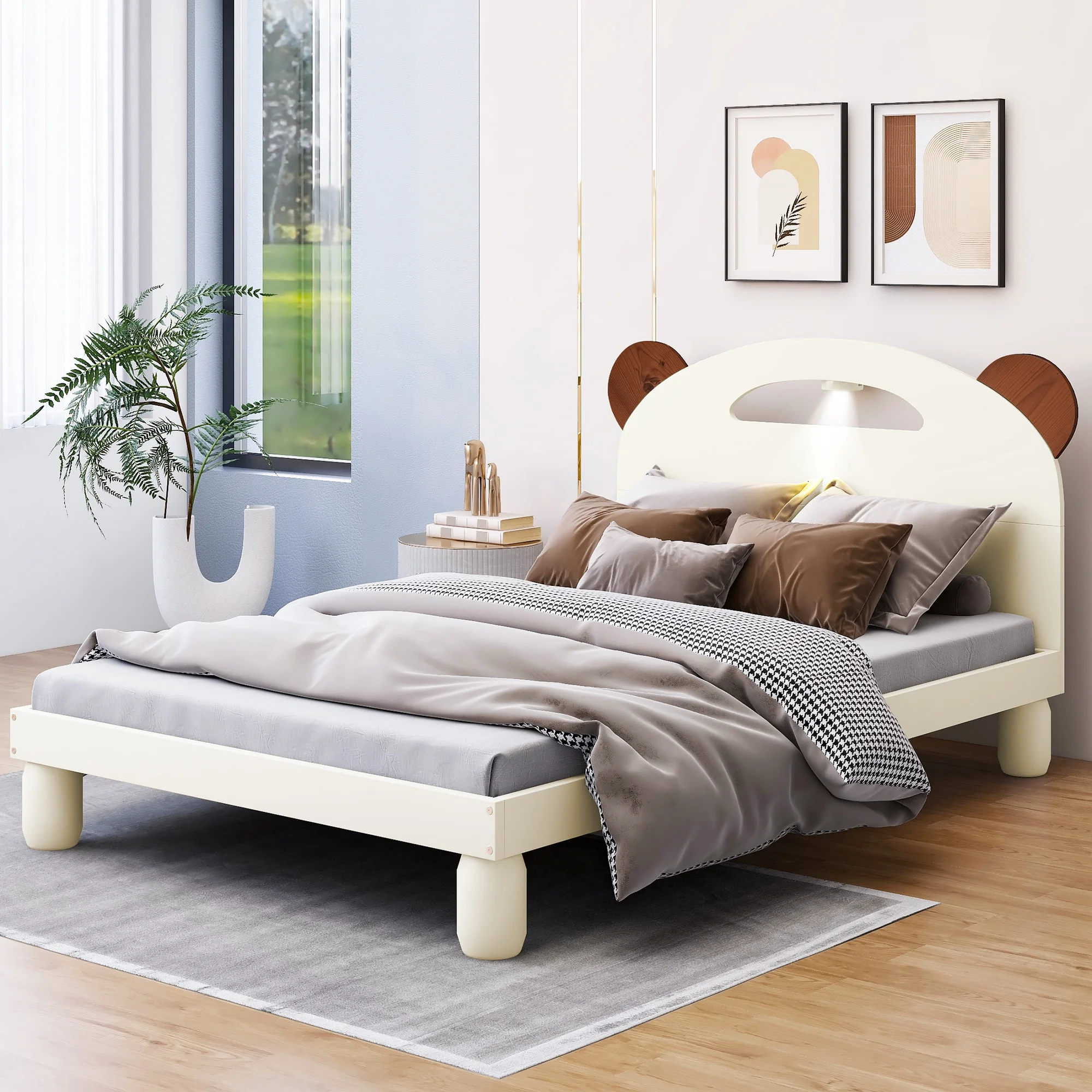 Twin Size Bed Frame with Bear Ears Shaped Headboard and LED - Stylish Upholstered Full Bedframe with Headboard-Cream White