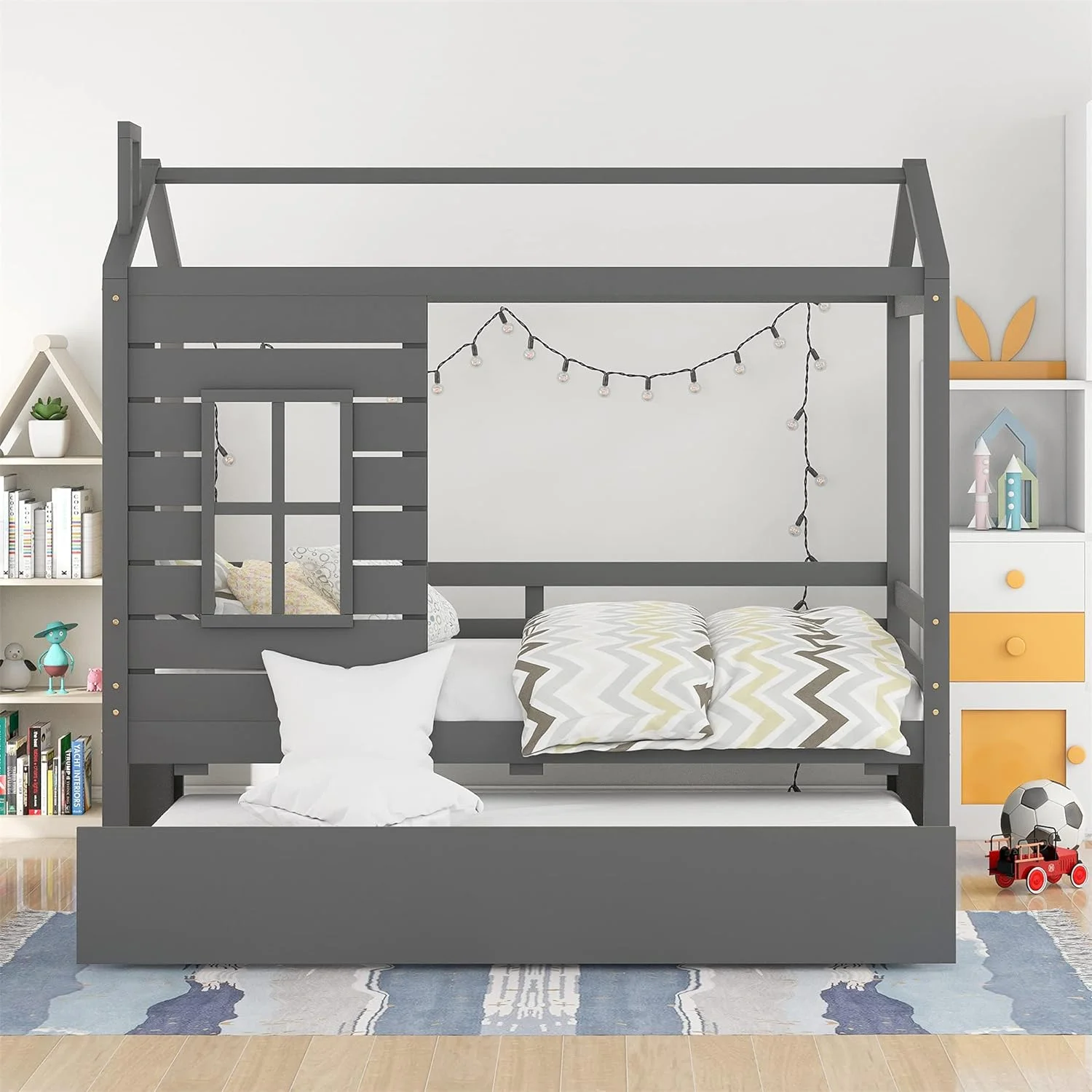 House Bed Wood Bed With Trundle, Bed With Trundle, For Kids Teens Girls Boys (Gray)