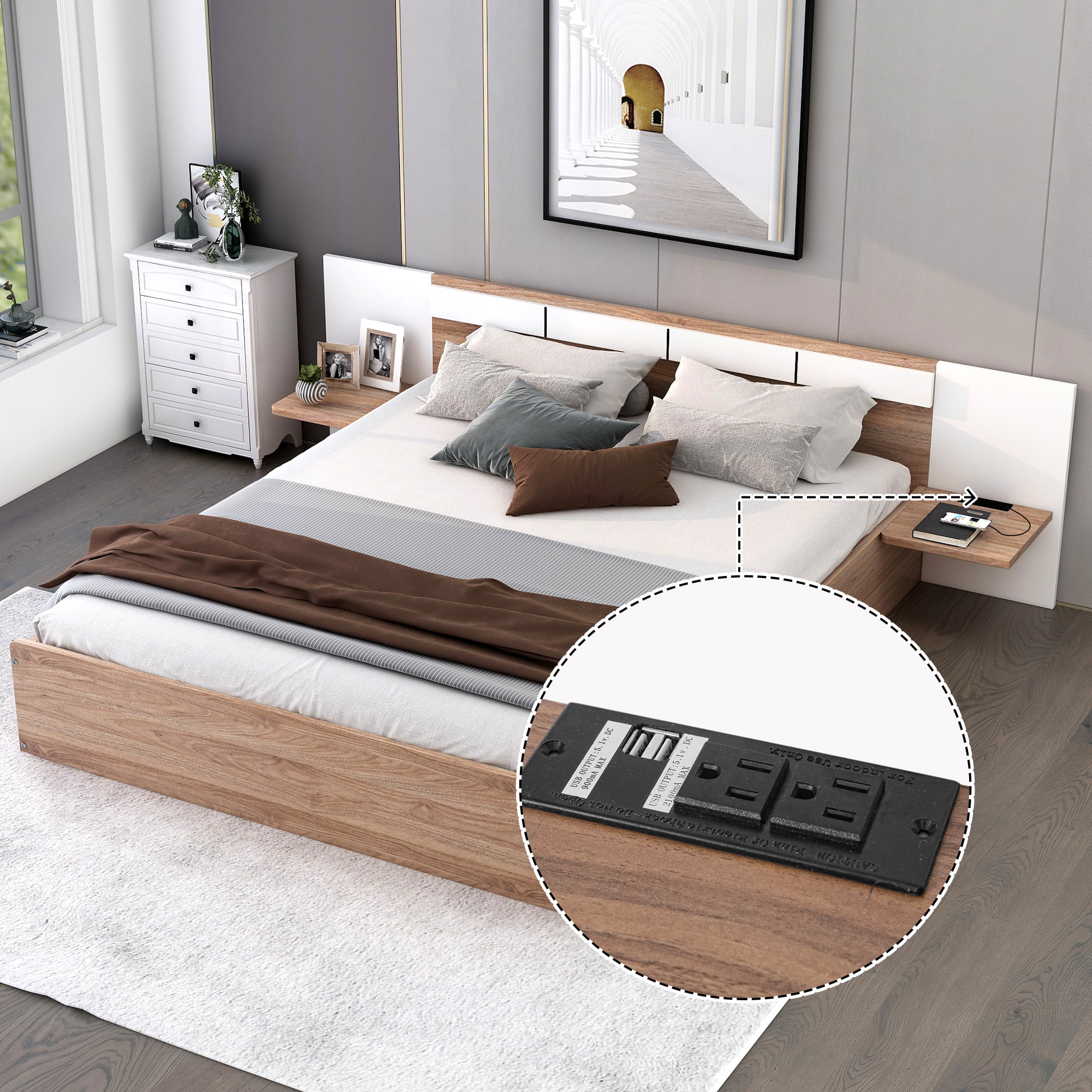 CoSoTower Queen Size Platform Bed with Headboard, Drawers, Shelves, USB Ports and Sockets, Natural