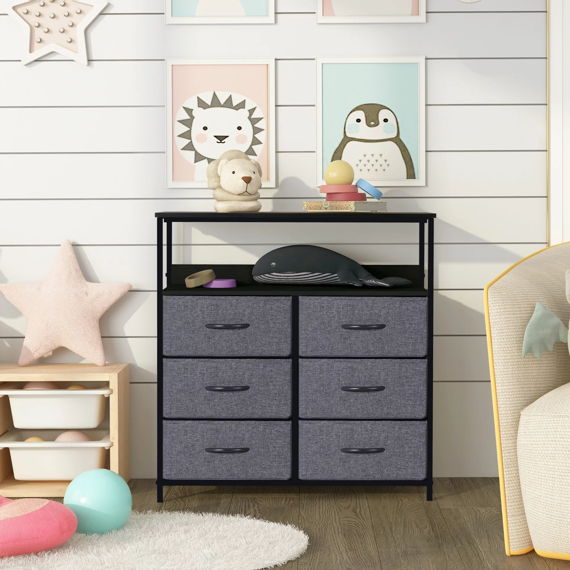 6-Drawer Dresser, Fabric Dresser for Bedroom, Kids Dresser, Chest of Drawers, Gray Finish