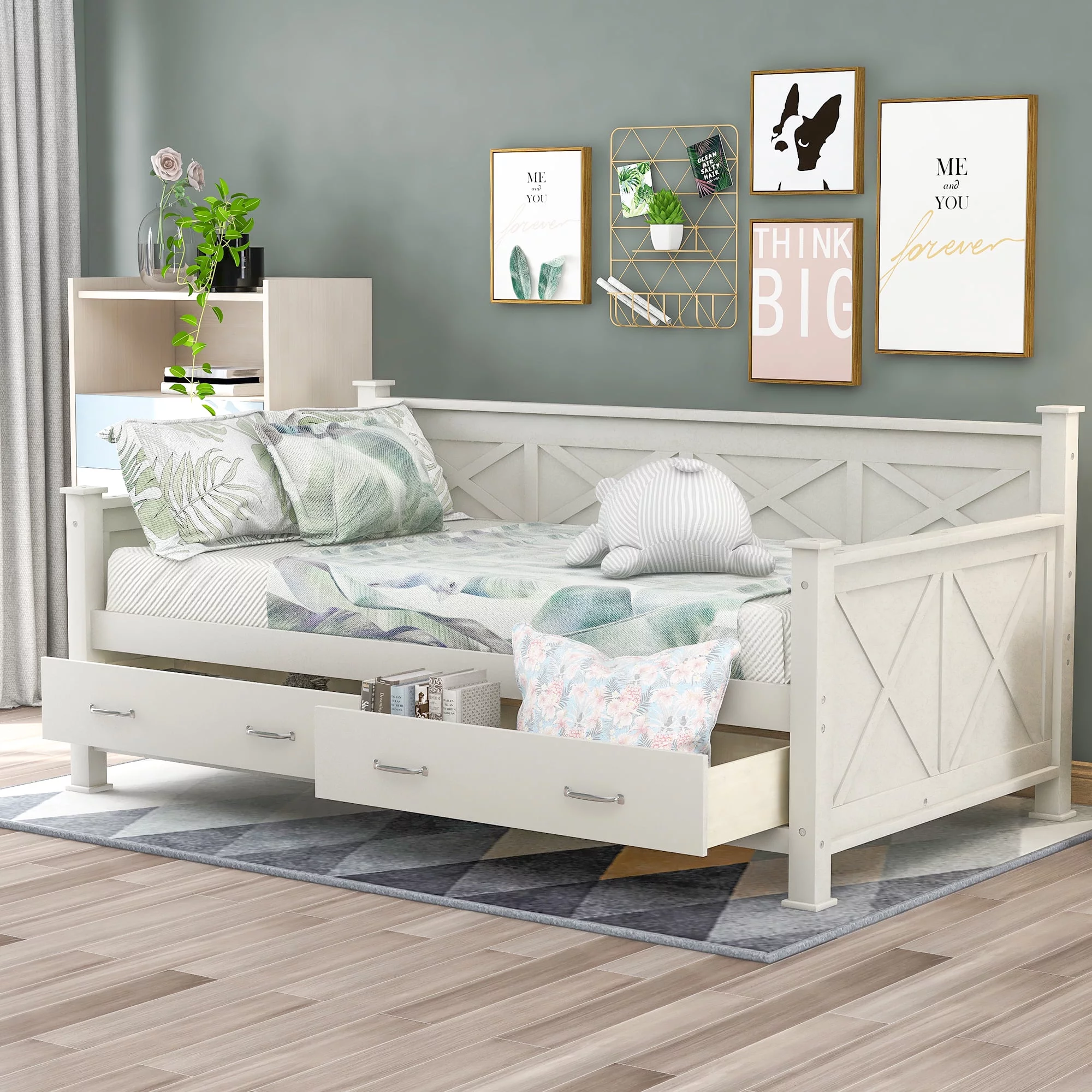 Churanty Wooden Twin Daybed with 2 Storage Drawers,Modern and Rustic Casual Style Daybed Frame for Bedroom Living Room Guest Room, Cream White