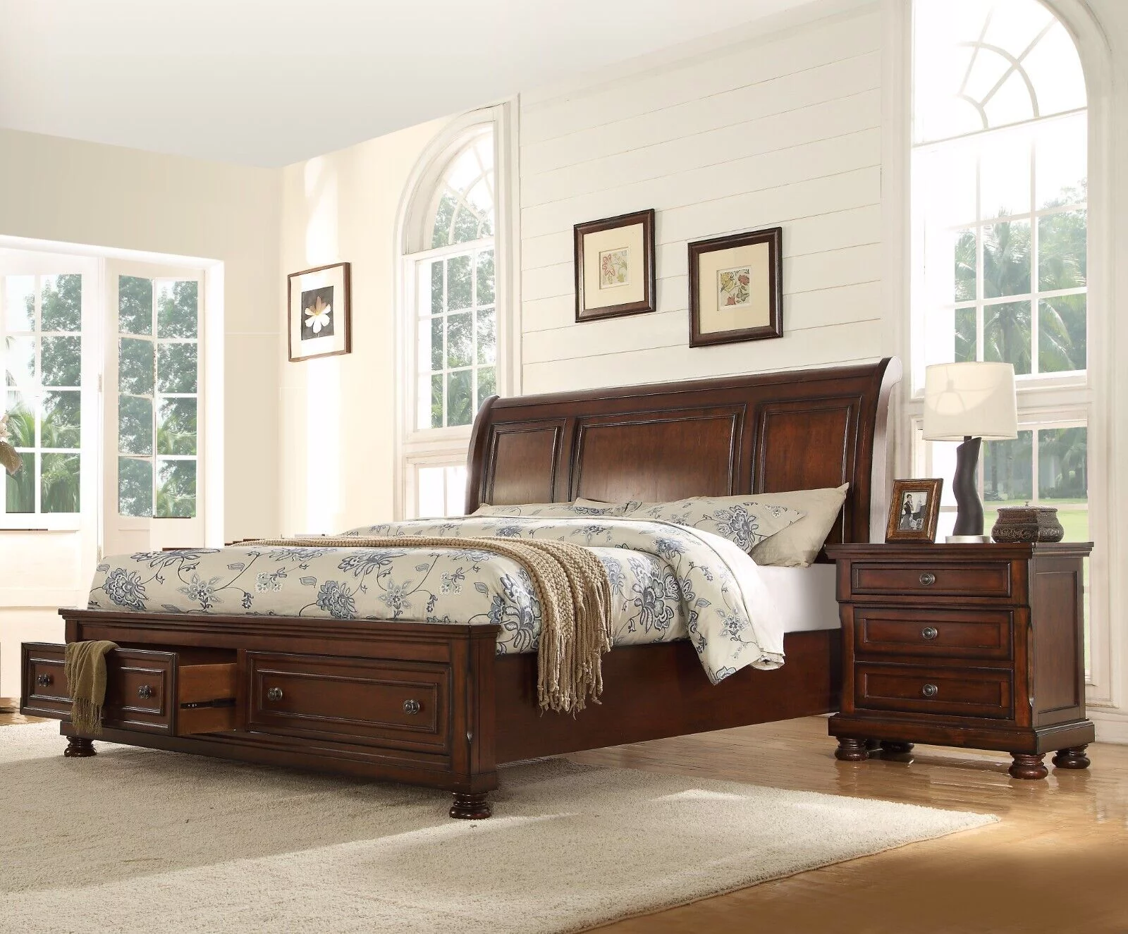 Contemporary Recessed 3pc Queen Size Bed Set Curve Headboard Brown Finish Solid Wood Storage Drawers Footboard